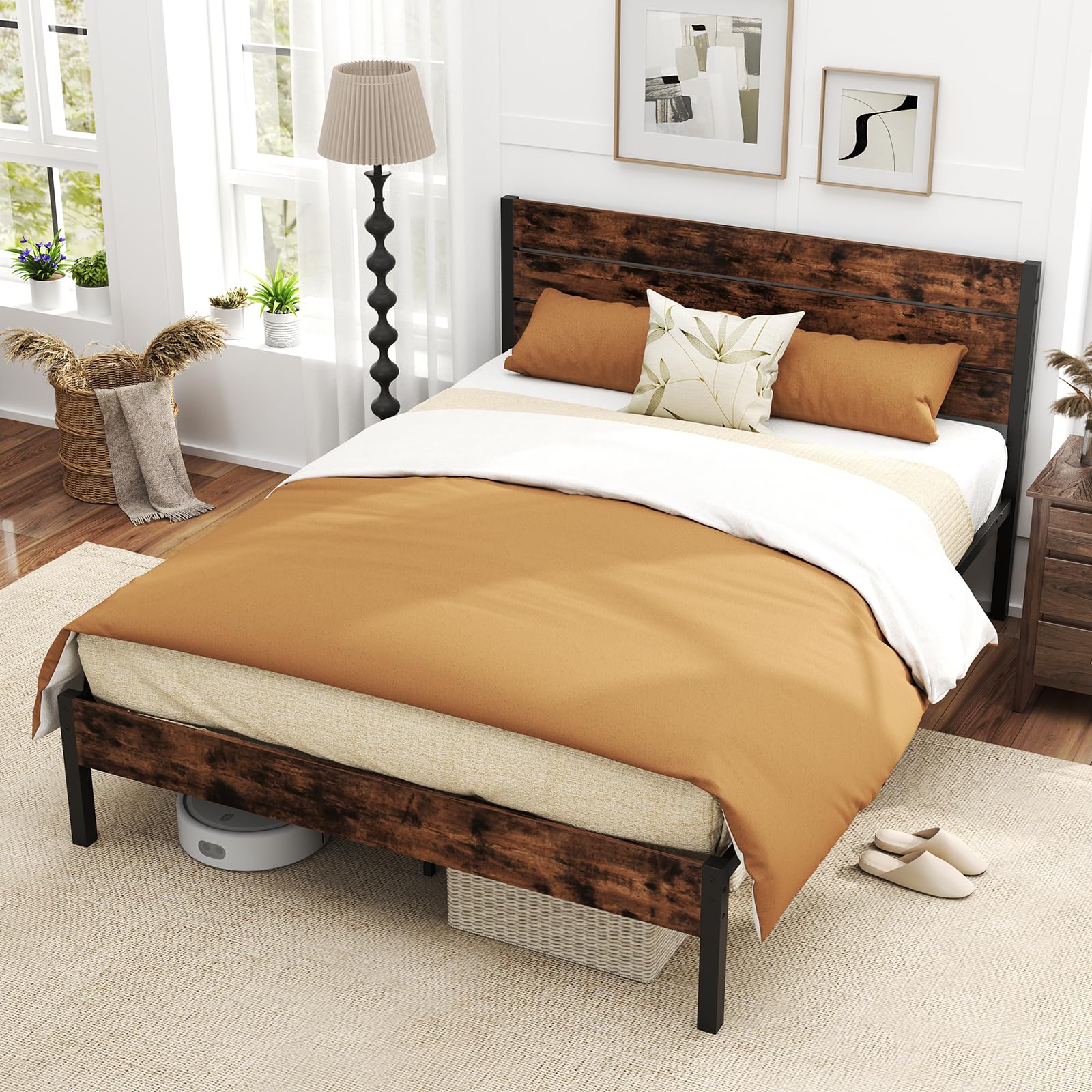 KOMFOTT  Metal Bed Frame Industrial Platform Bed Frame with Headboard