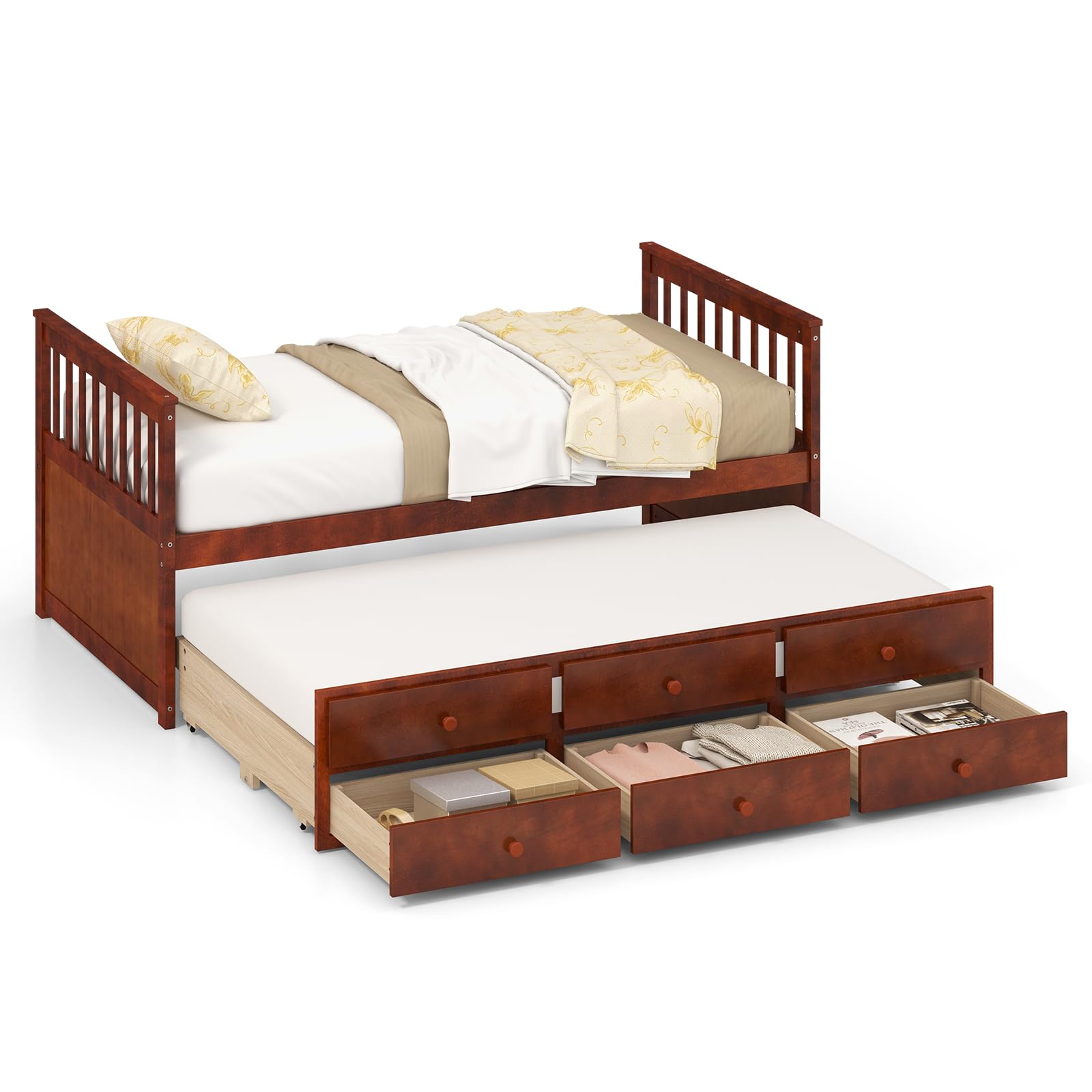 KOMFOTT Twin Captain’s Bed with Trundle Bed, Wood Storage Daybed with 3 Storage Drawers