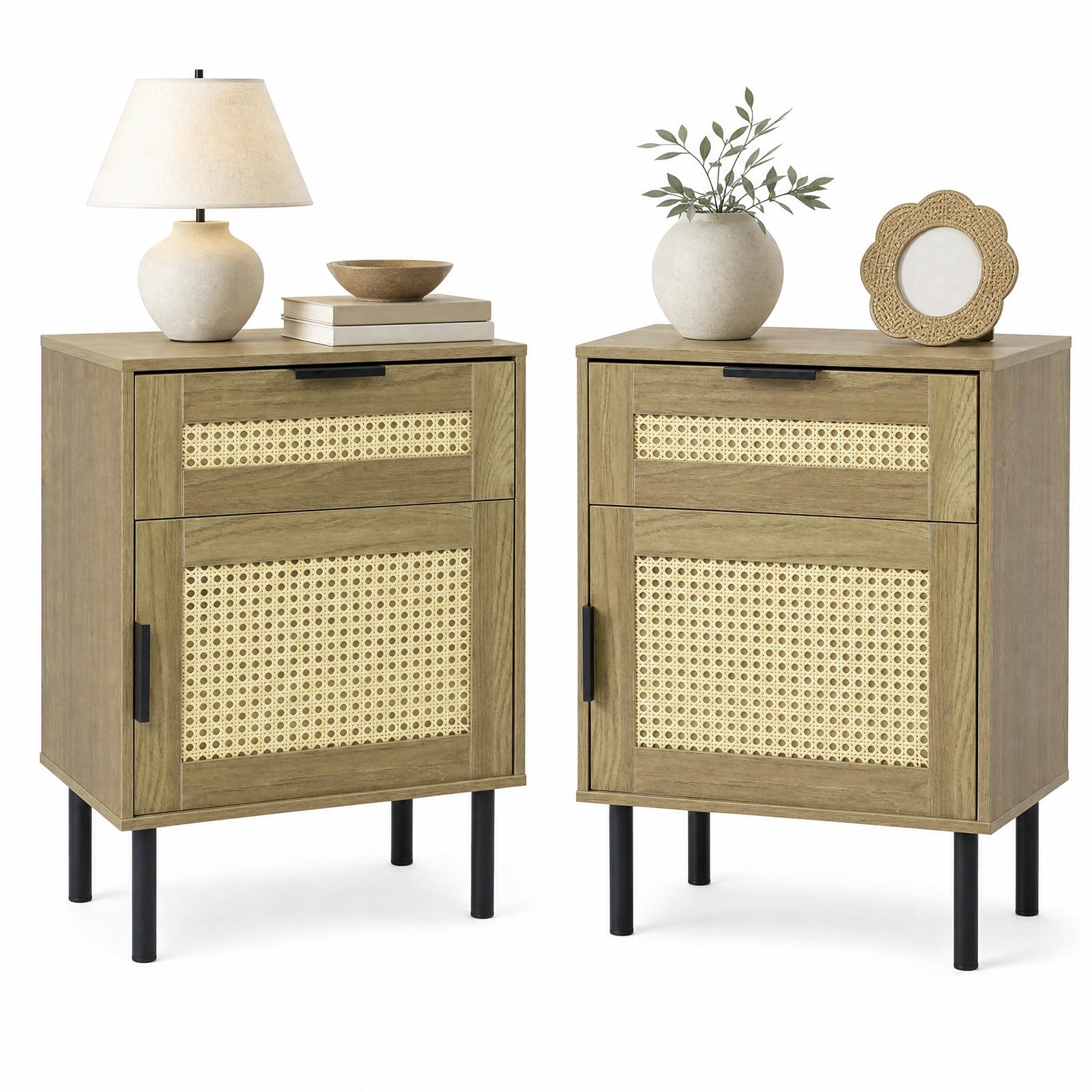 KOMFOTT Set of 2 Rattan Nightstand w/Drawer & Storage Cabinet