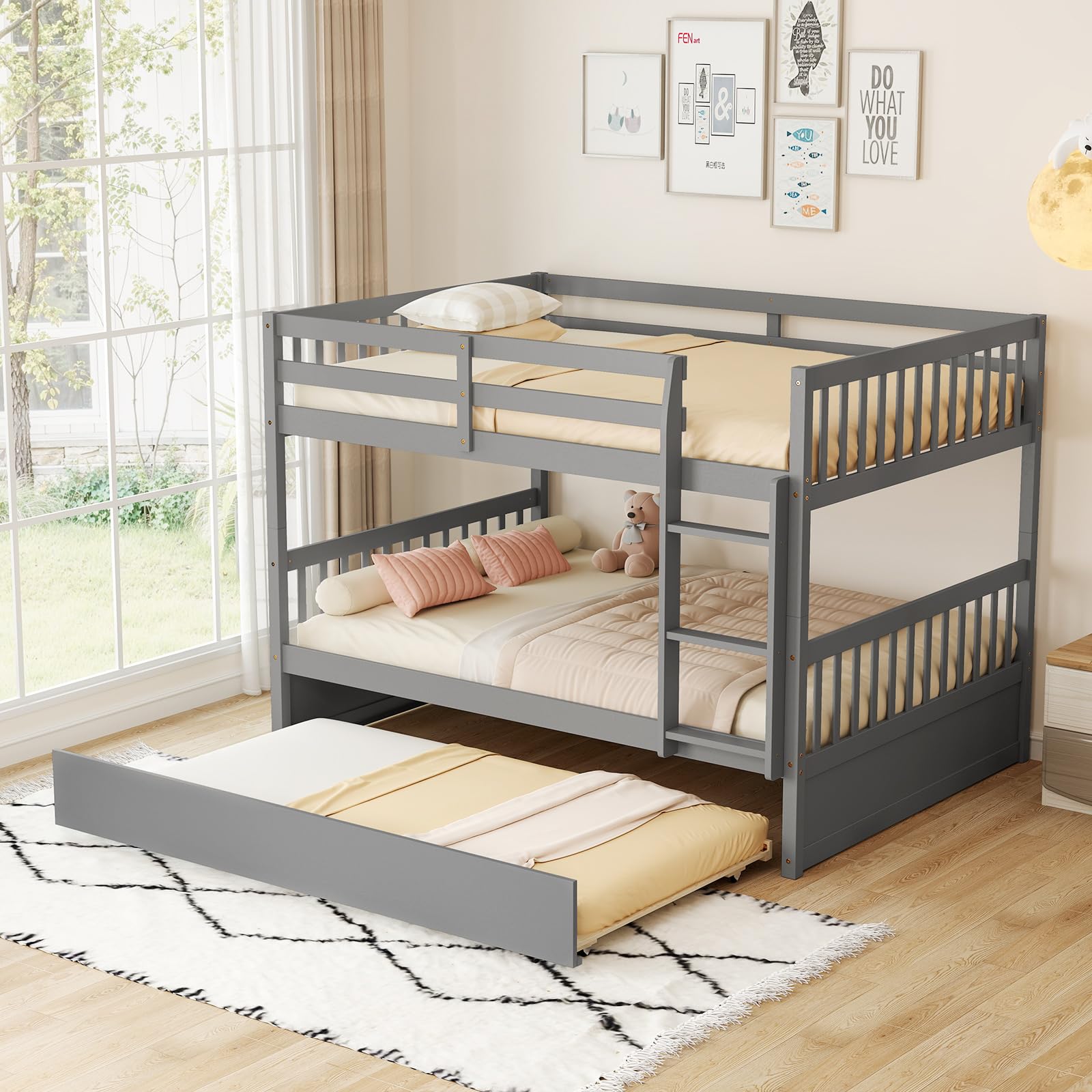 KOMFOTT Full Over Full Wood Bunk Bed with Trundle, Ladder, Solid Wood Frame & Safety Guardrails