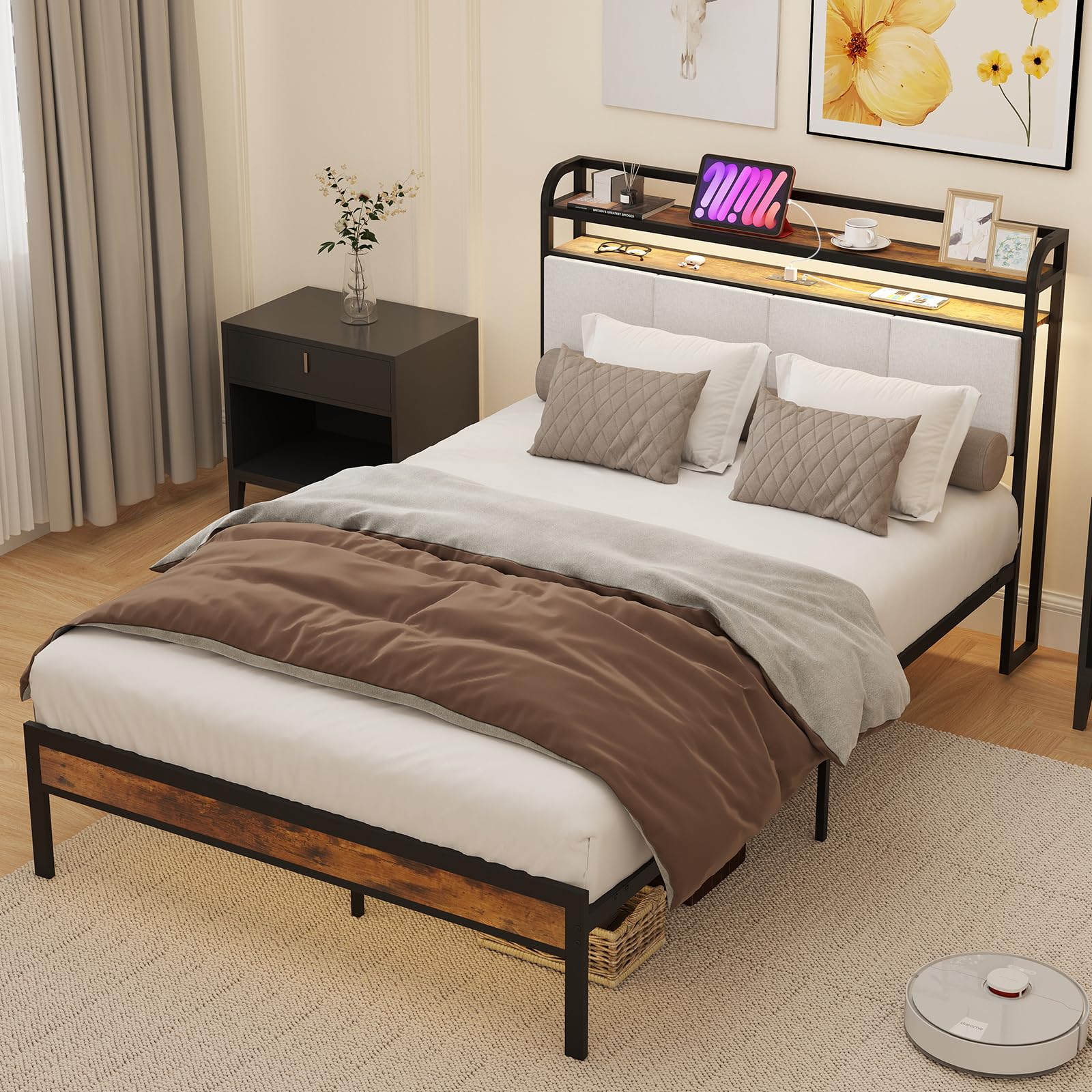 KOMFOTT Metal Bed Frame with Charging Station