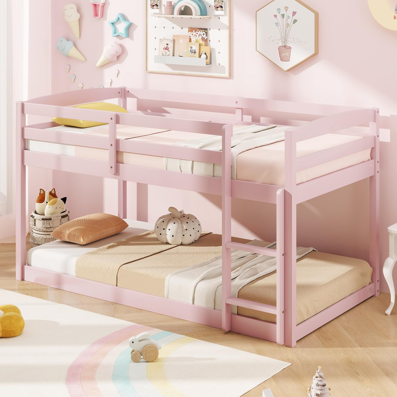 KOMFOTT Twin Over Twin Solid Wood  Low Bunk Bed with Built-in Ladder & Safety Guardrails