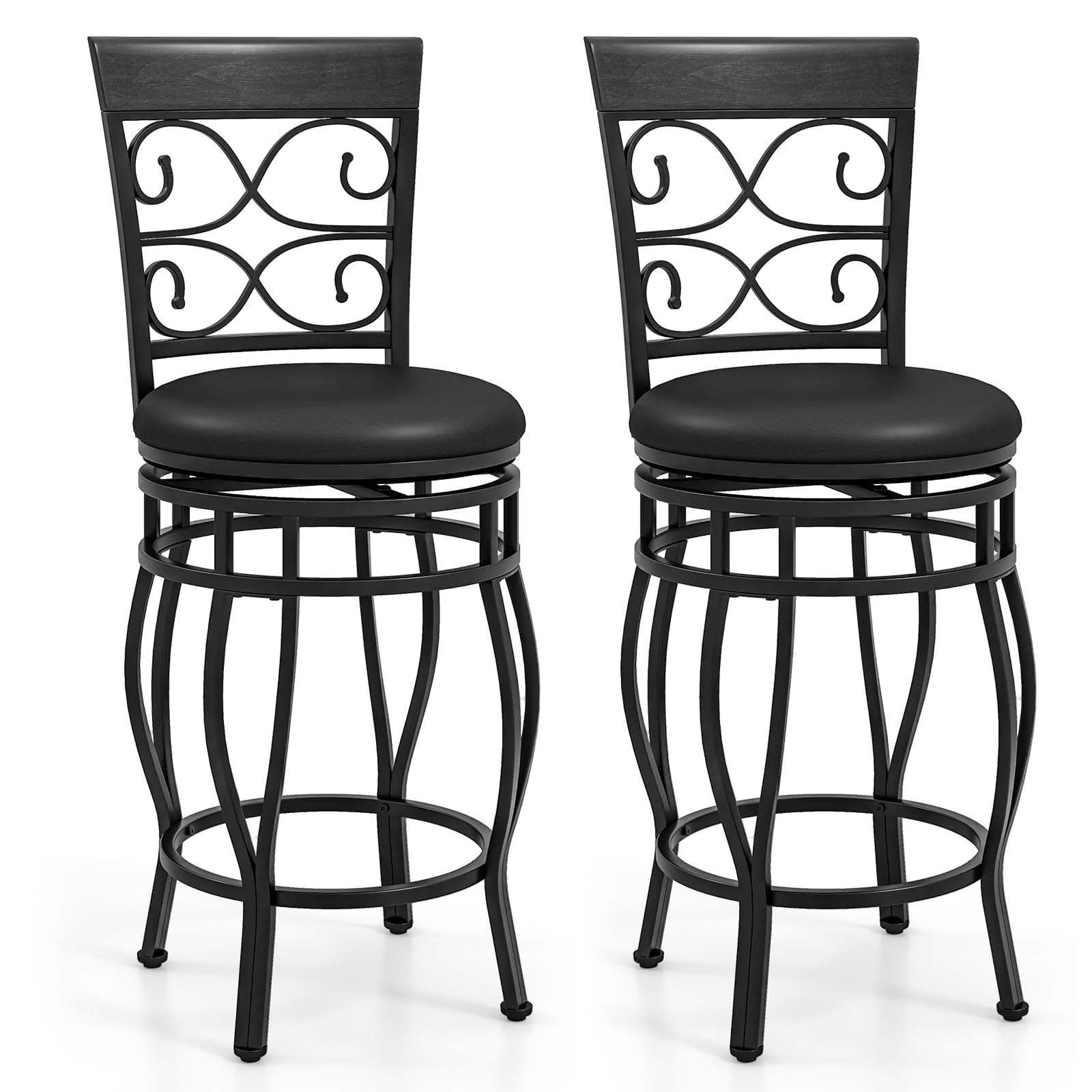 KOMFOTT Swivel Bar Stools Set of 2/4, Counter Height Bar Stools with Back, Upholstered PU Leather Seat, Footrest