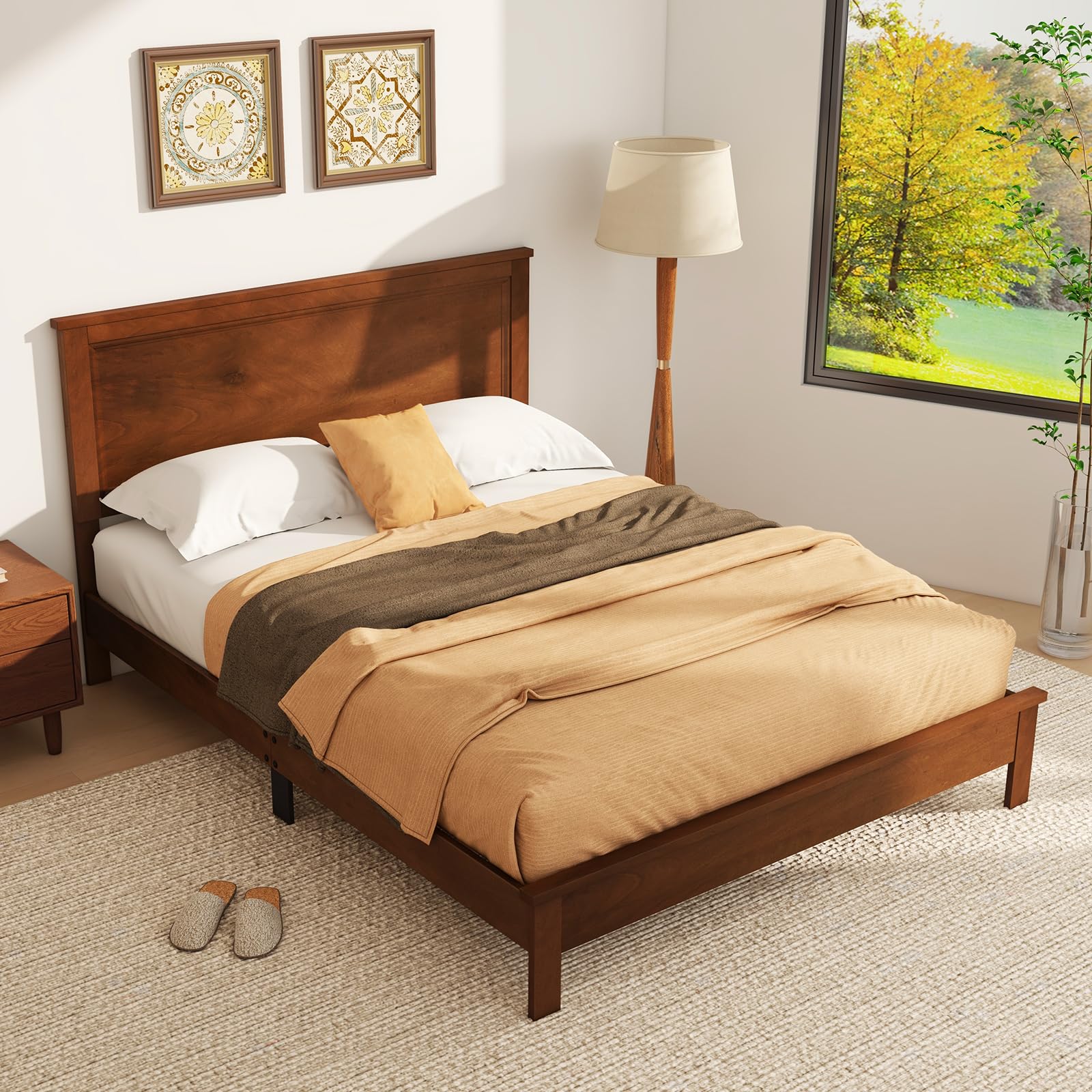 KOMFOTT Queen Size Wood Platform Bed Frame with Headboard