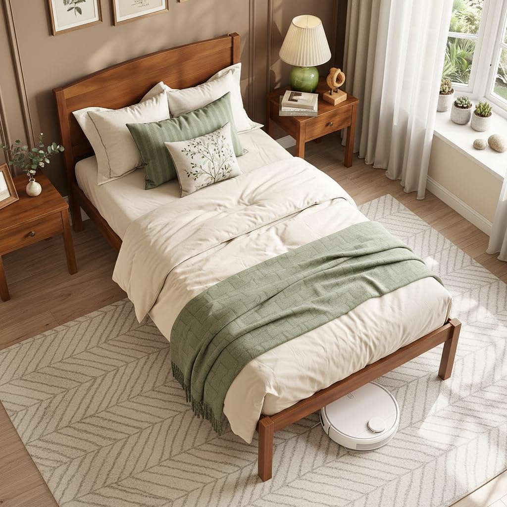 KOMFOTT Full/Twin/King/Queen Size Bed Frame Wooden Platform Bed with Curved Headboard