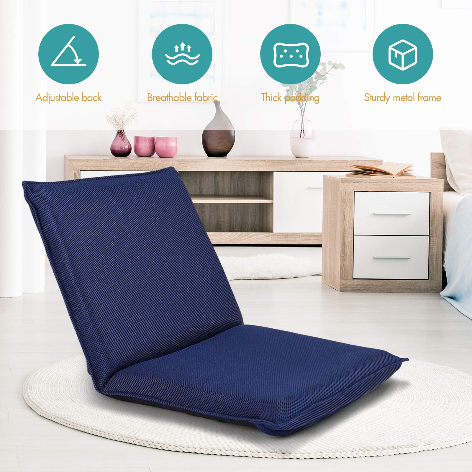 KOMFOTT Adjustable Mesh Floor Sofa Chair, 6-Position Multi-Angle Padded Floor Chair for Gaming Reading Meditation