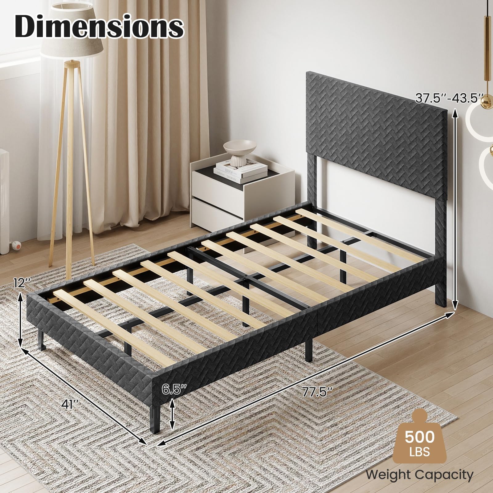 KOMFOTT Bed Frame with Height Adjustable Linen Headboard