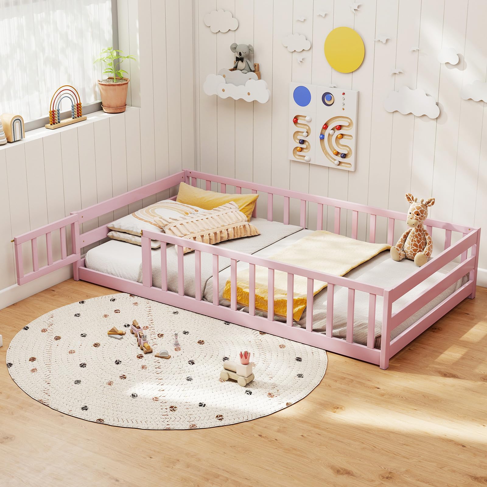 KOMFOTT Twin Floor Bed with Door & Fence, Kids Wood Montessori Bed with Safety Guardrails