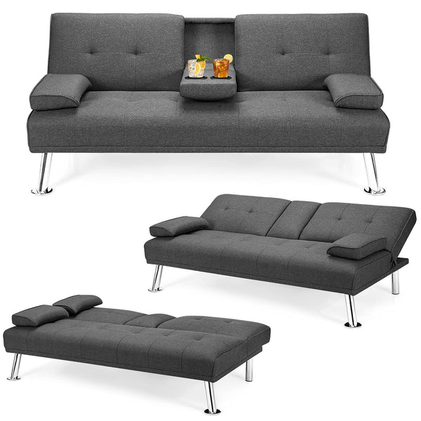 Modern Convertible Futon Sofa Bed with Metal Leg, Removable Armrests, 2 Cup Holders, Backrest Adjustable
