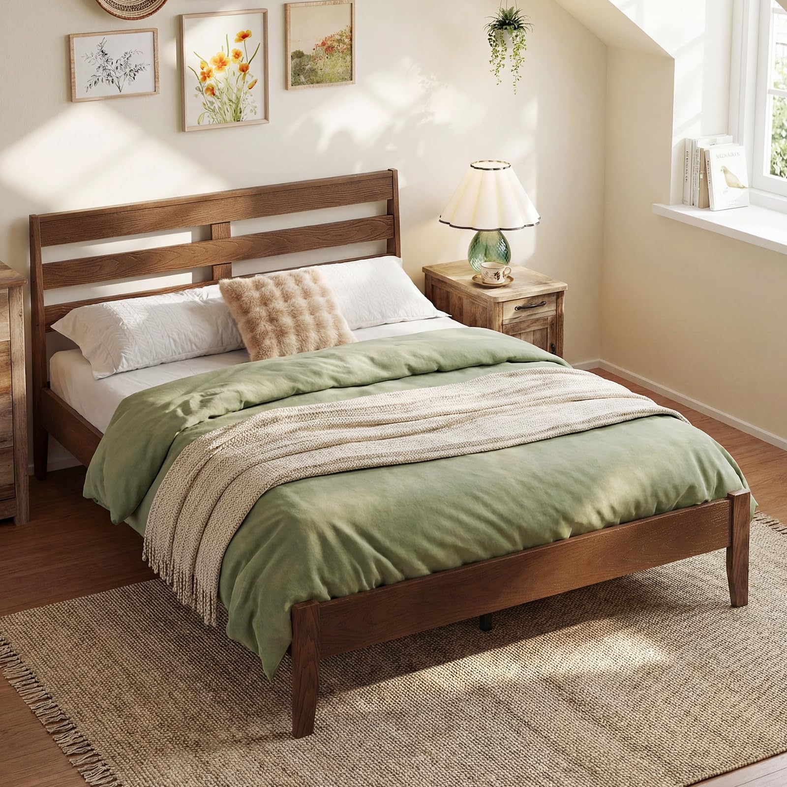 KOMFOTT Twin/Full/Queen Size Rubber Wood Bed Frame with Headboard