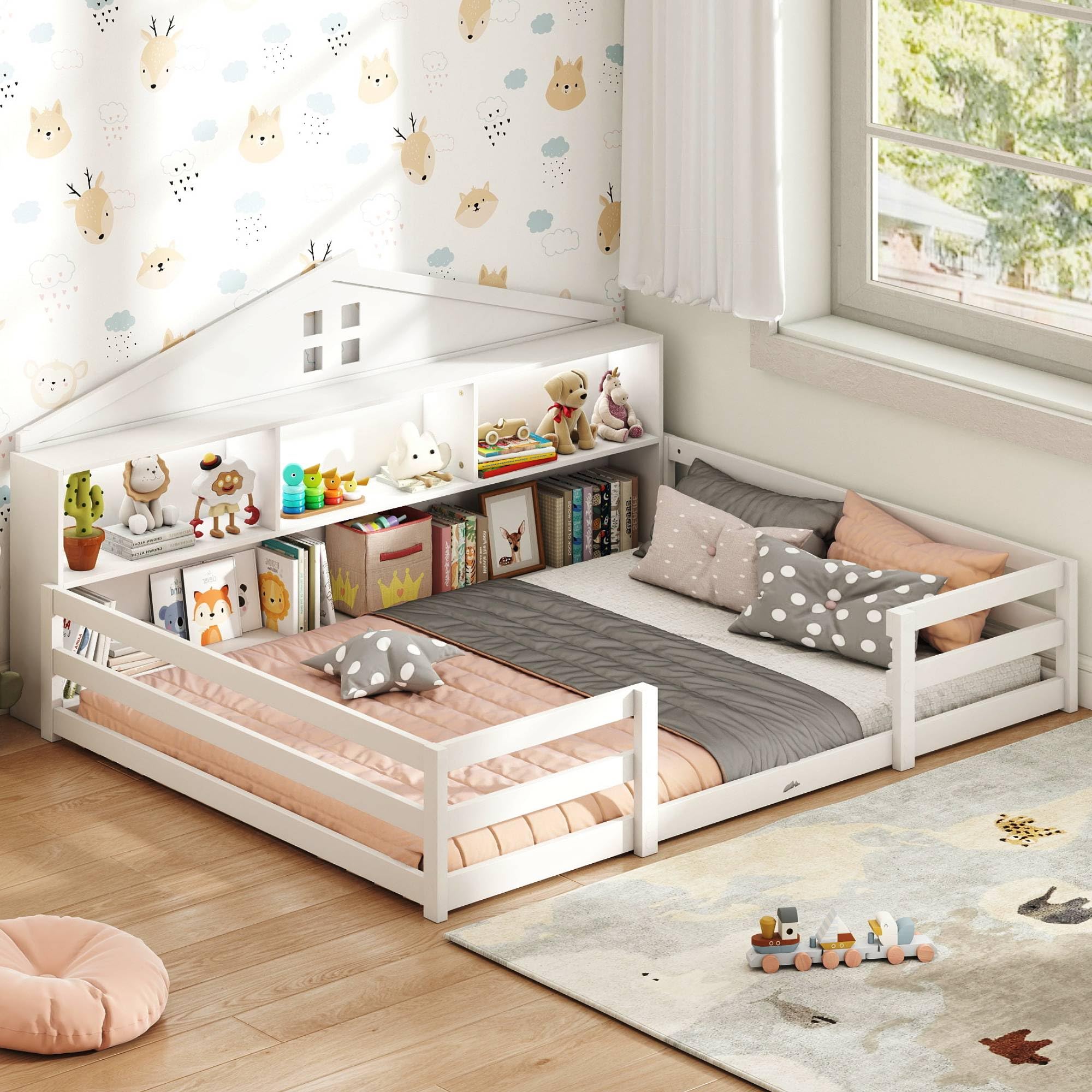 KOMFOTT Bed with Bookcase & LED Light Wood Bed Frame