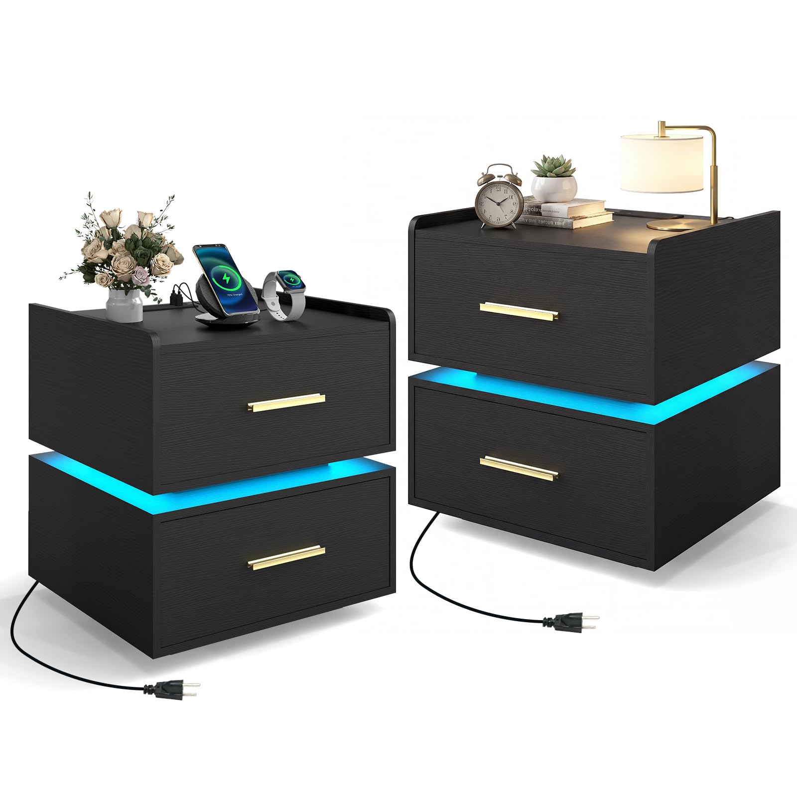 KOMFOTT Nightstand with Charging Station Set of 1/2 LED Bedside Table