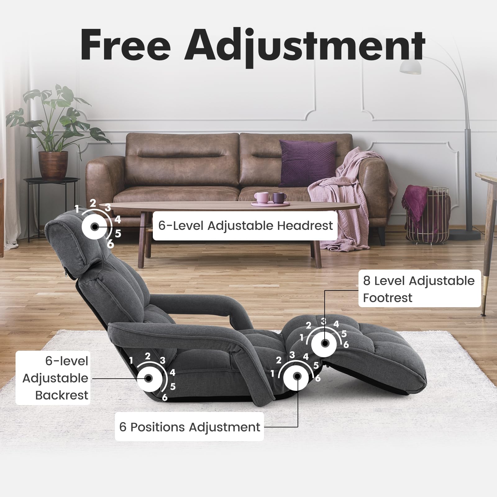 KOMFOTT Foldable Lazy Sofa Bed, 6-Position Adjustable Floor Chair Chaise Lounge with Armrest and Footrest