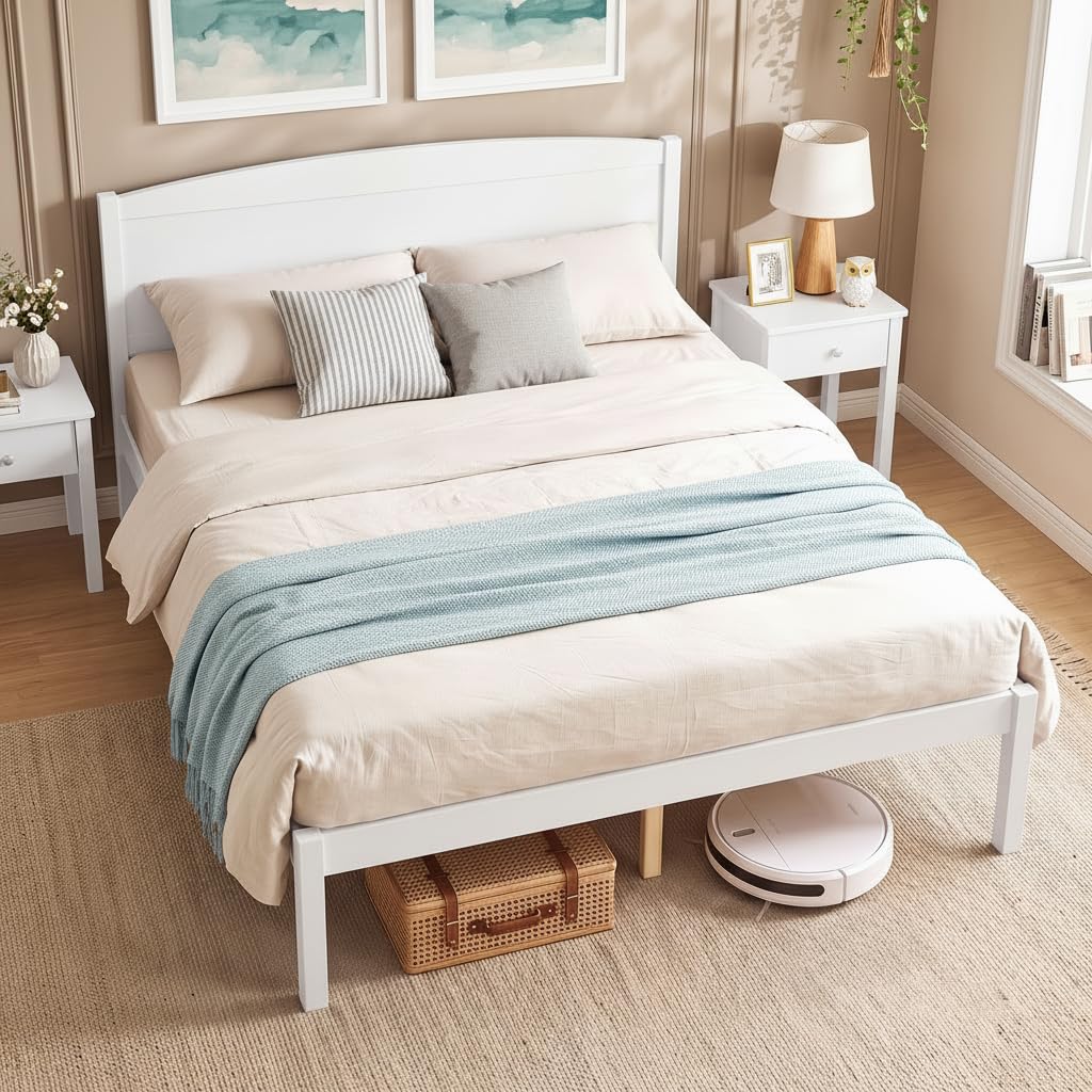 KOMFOTT Full/Twin/King/Queen Size Bed Frame Wooden Platform Bed with Curved Headboard