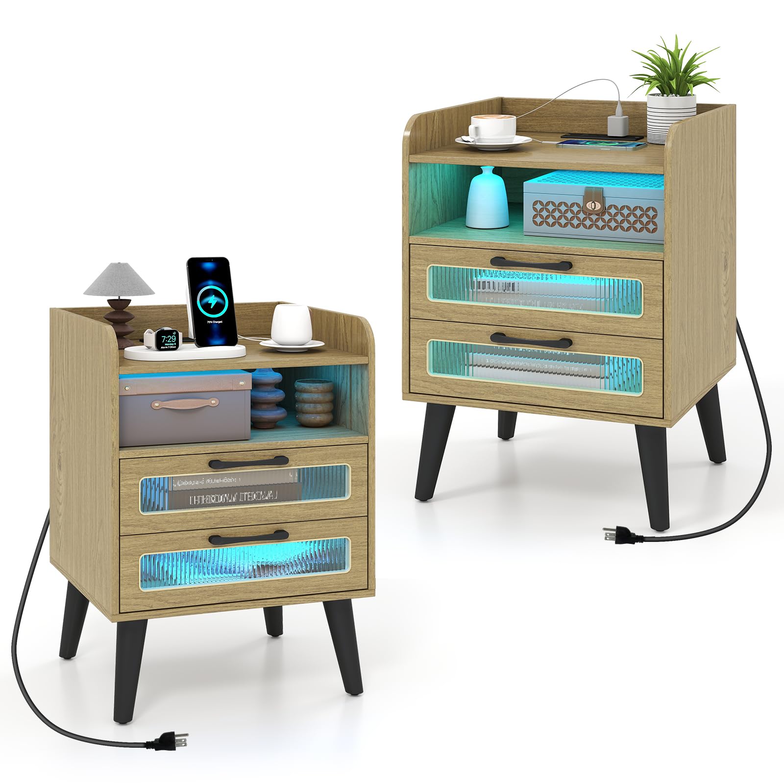 KOMFOTT Nightstand with Charging Station and LED Lights(1/2)