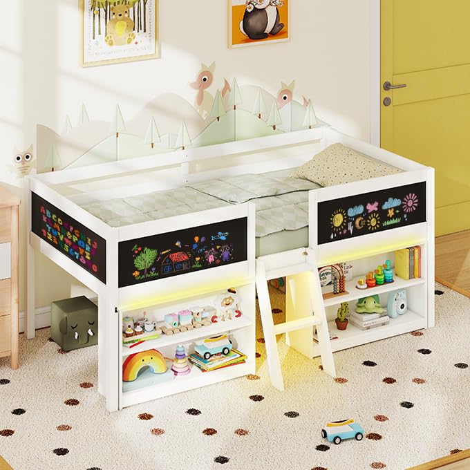 KOMFOTT Twin Size Low Loft Bed with LED Lights
