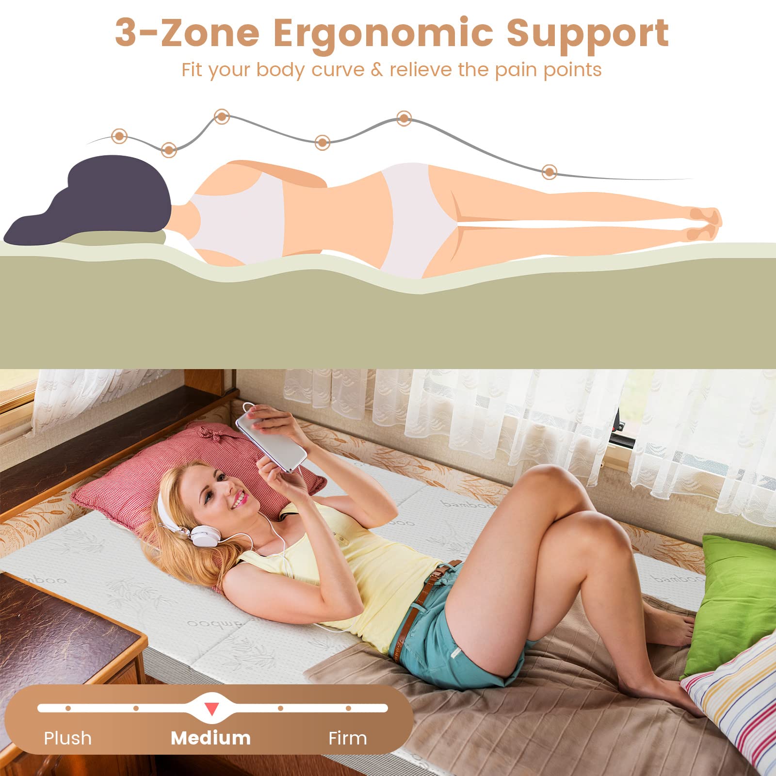 KOMFOTT 4" Tri-Folding Mattress with Storage Bag, Cool Gel Memory Foam Mattress with Removable Bamboo Cover