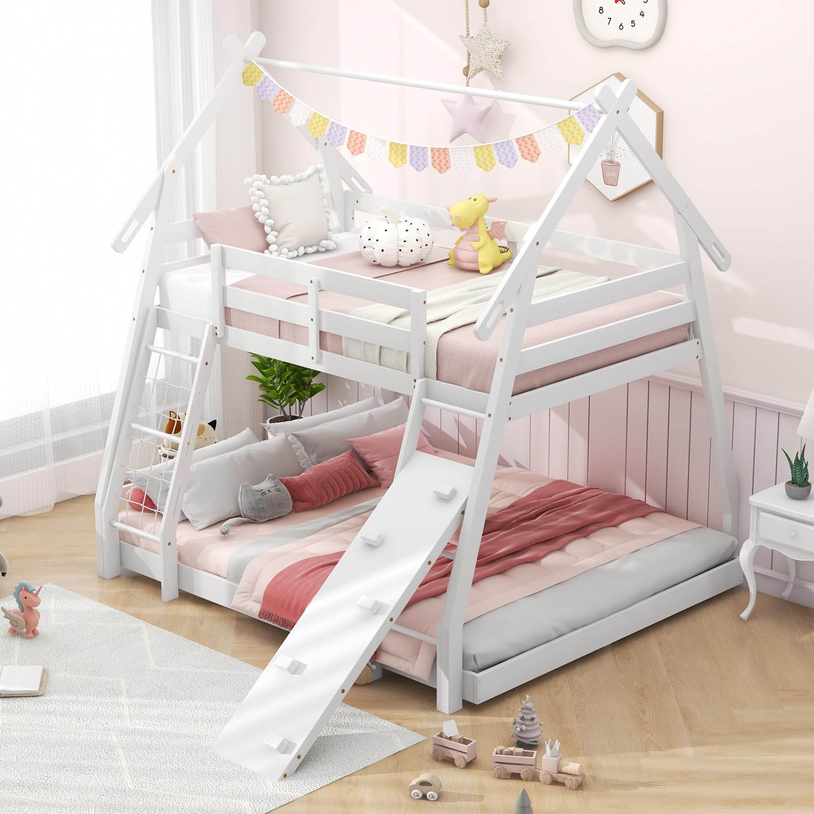 KOMFOTT Wood Twin Over Queen House Bunk Bed