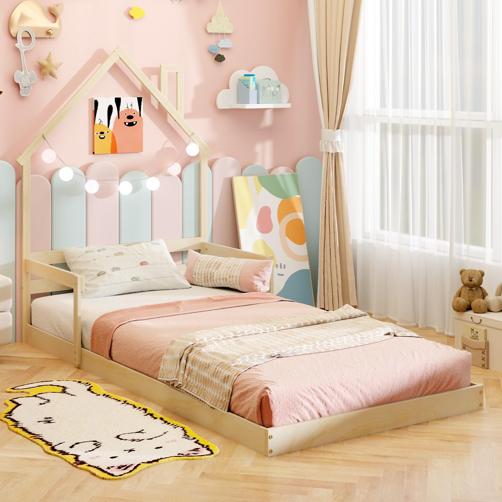 KOMFOTT Twin Floor Bed with House-Shaped Headboard