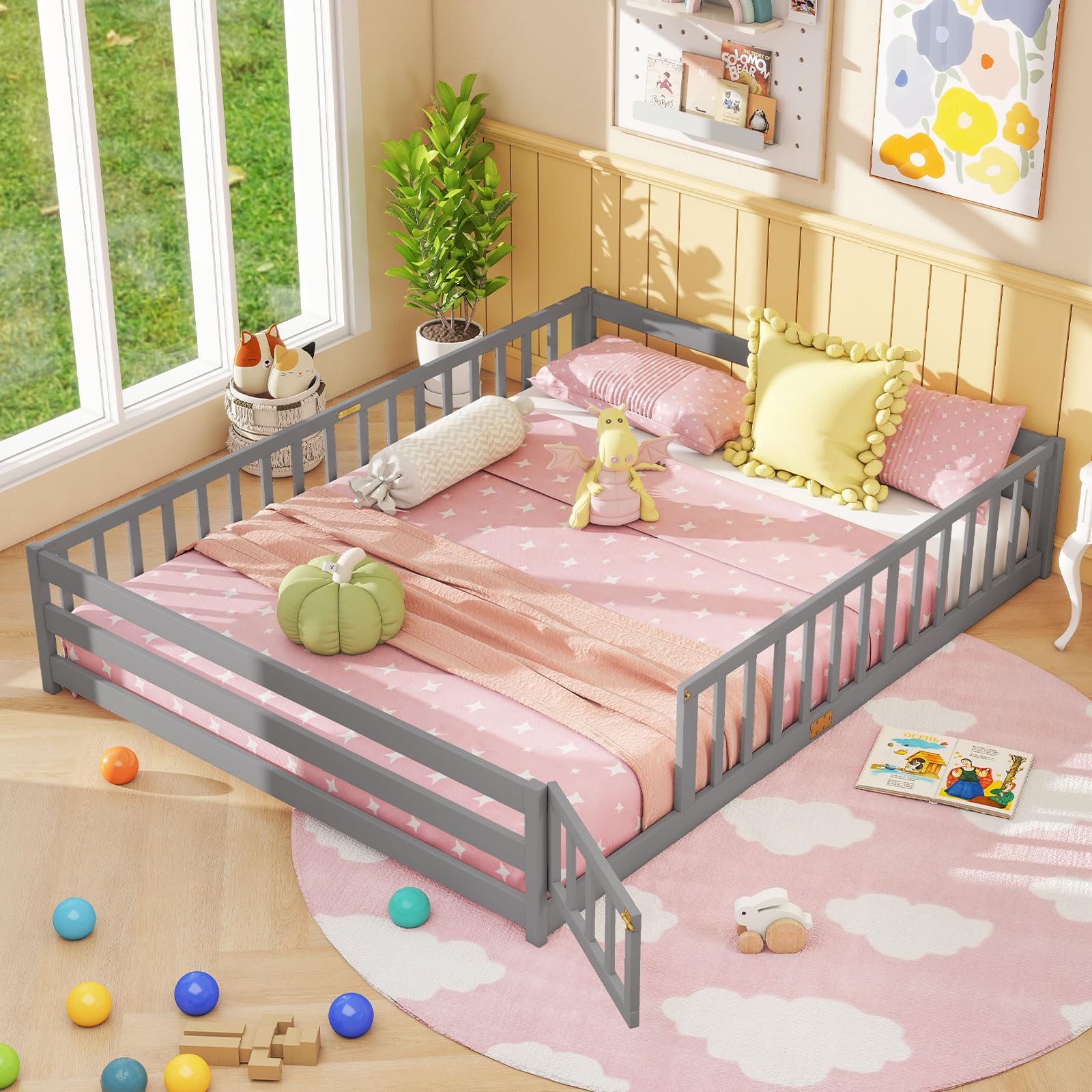 KOMFOTT Twin Floor Bed with Door & Fence, Kids Wood Montessori Bed with Safety Guardrails