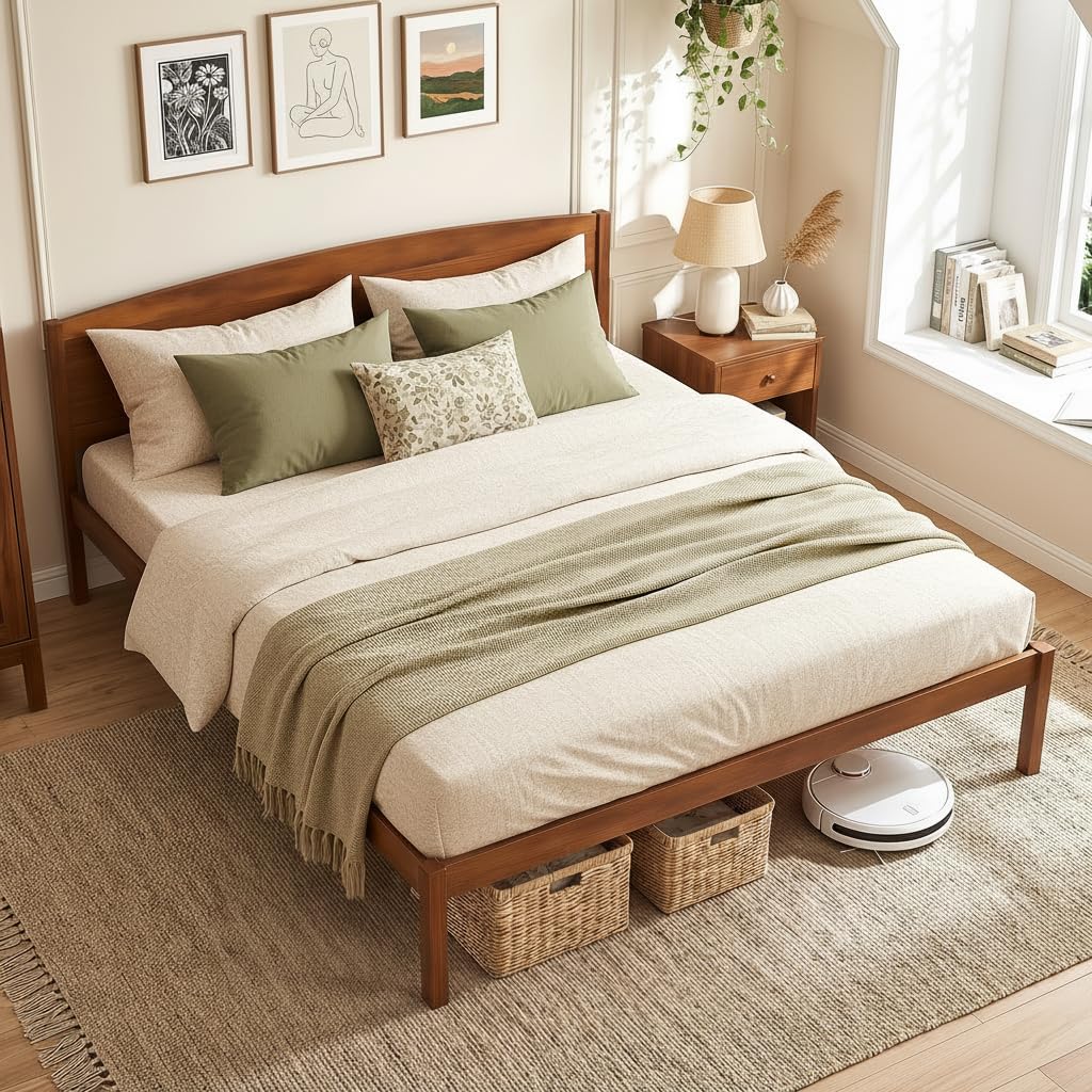 KOMFOTT Full/Twin/King/Queen Size Bed Frame Wooden Platform Bed with Curved Headboard