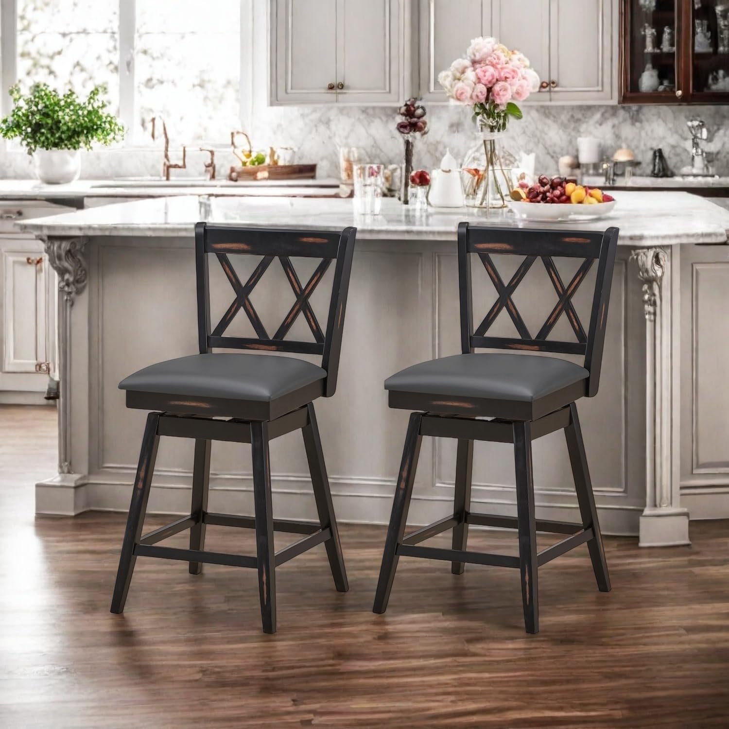 KOMFOTT 360° Swivel Bar Stool Set of 2/4 with Foot Rest, Upholstered Cushion & Ergonomic Backrest