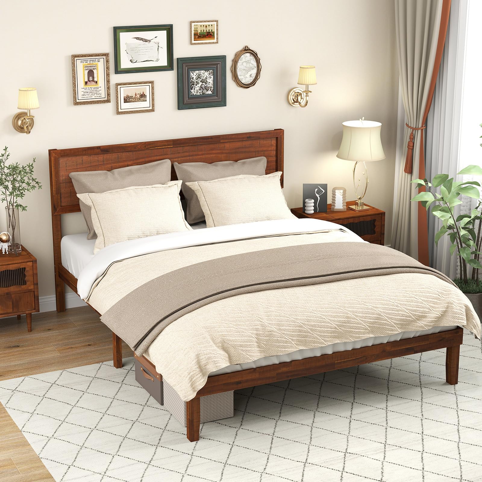 KOMFOTT Retro Wood Bed Frame with Headboard