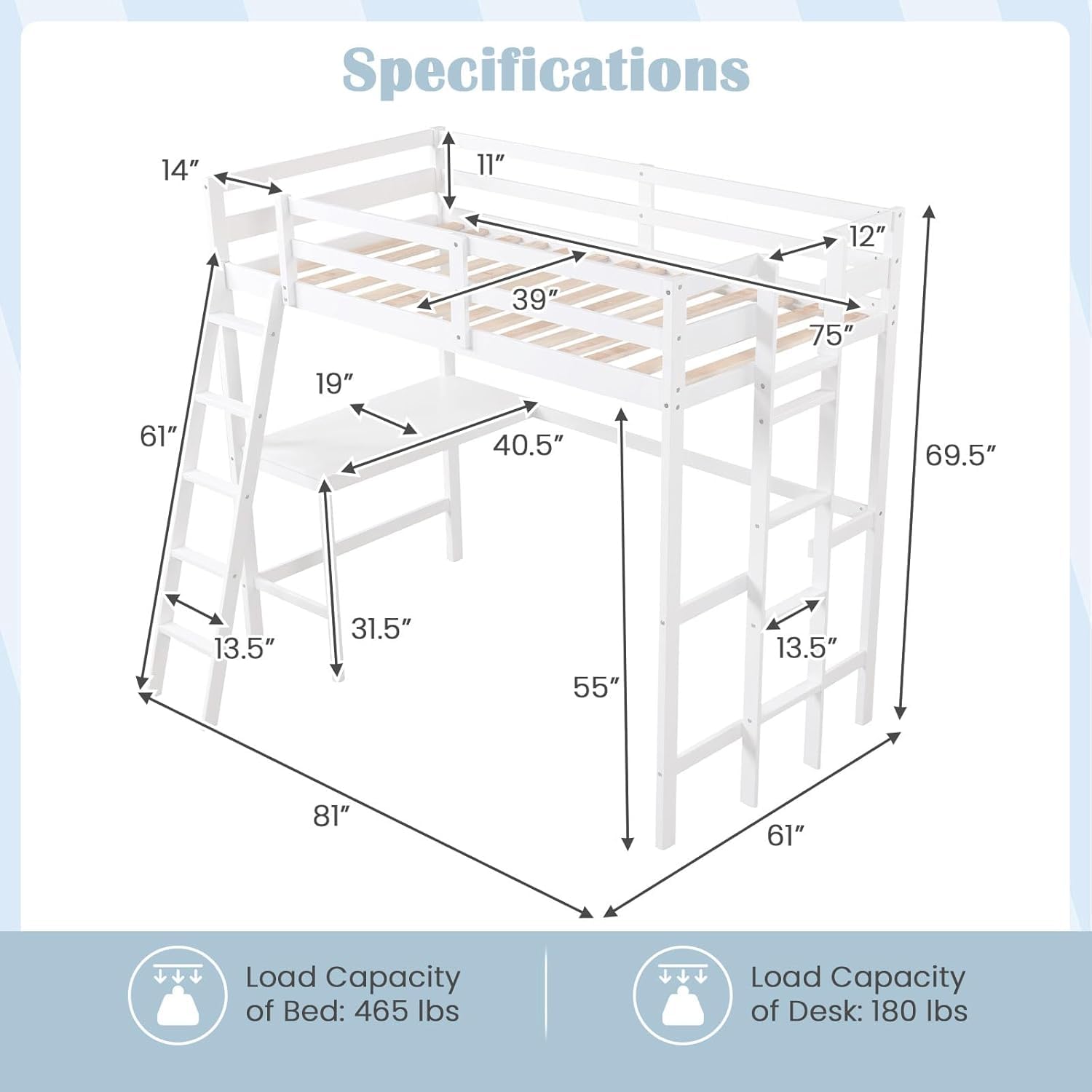 KOMFOTT Twin Size Loft Bed with Desk