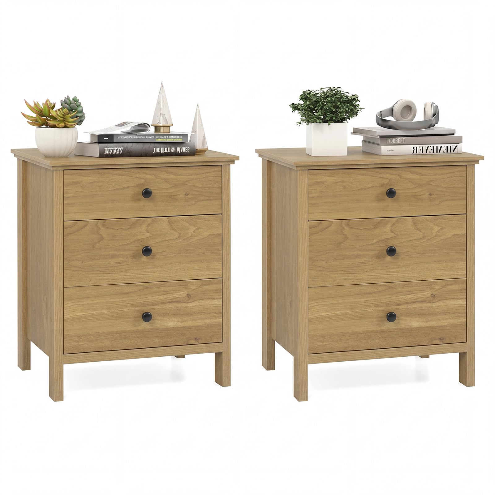KOMFOTT 3 Drawers Nightstand Wooden Bedside Table with Ample Storage(1/2)
