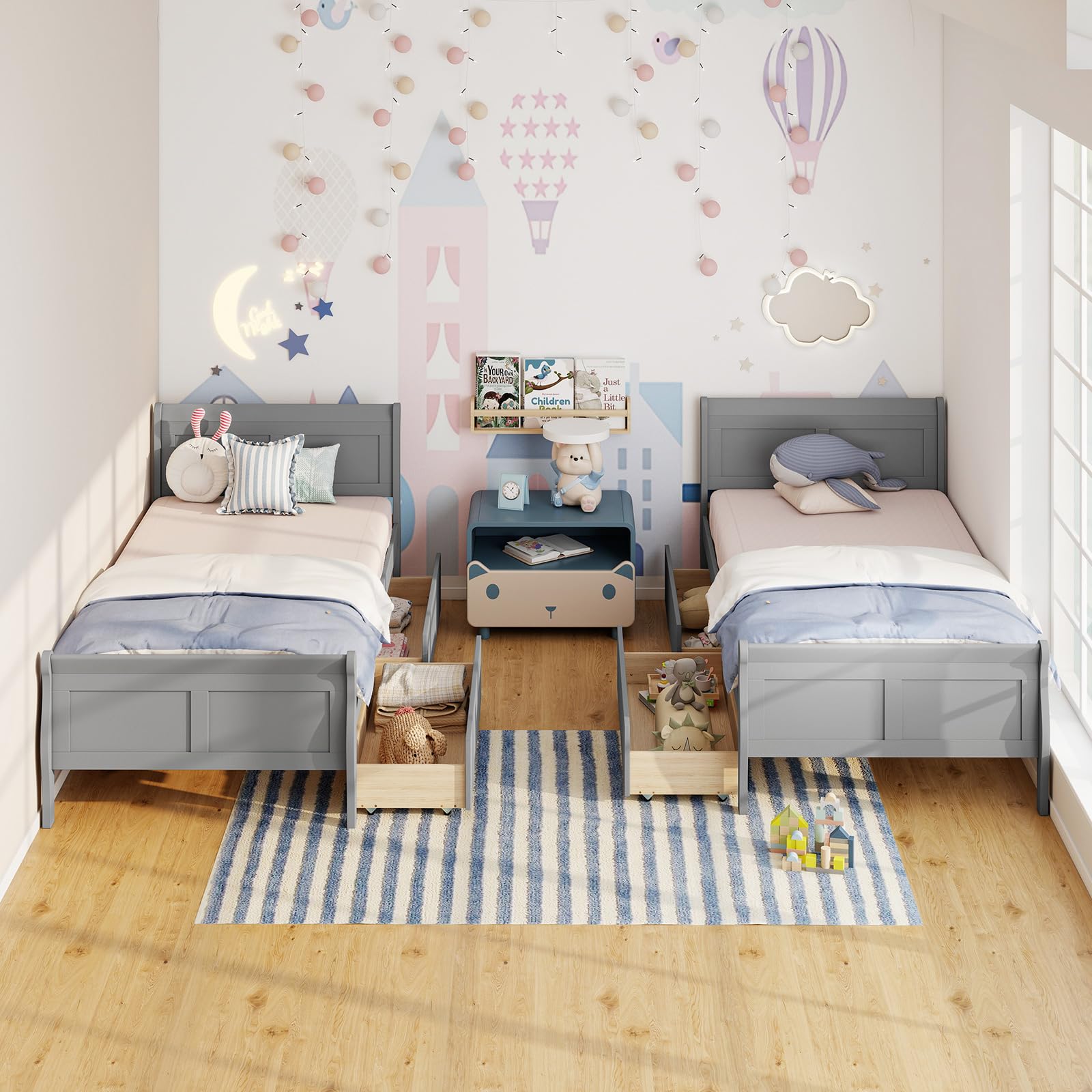 KOMFOTT Twin Size Sleigh Wood Bed Frame with 2 Storage Drawers