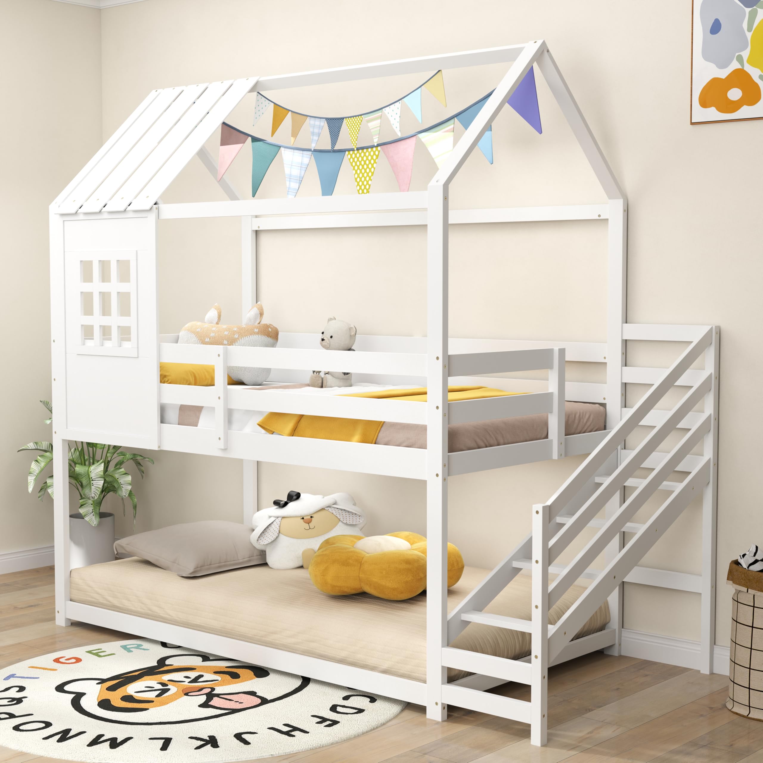 KOMFOTT Wood Twin Over Twin House Bunk Bed with Stairs