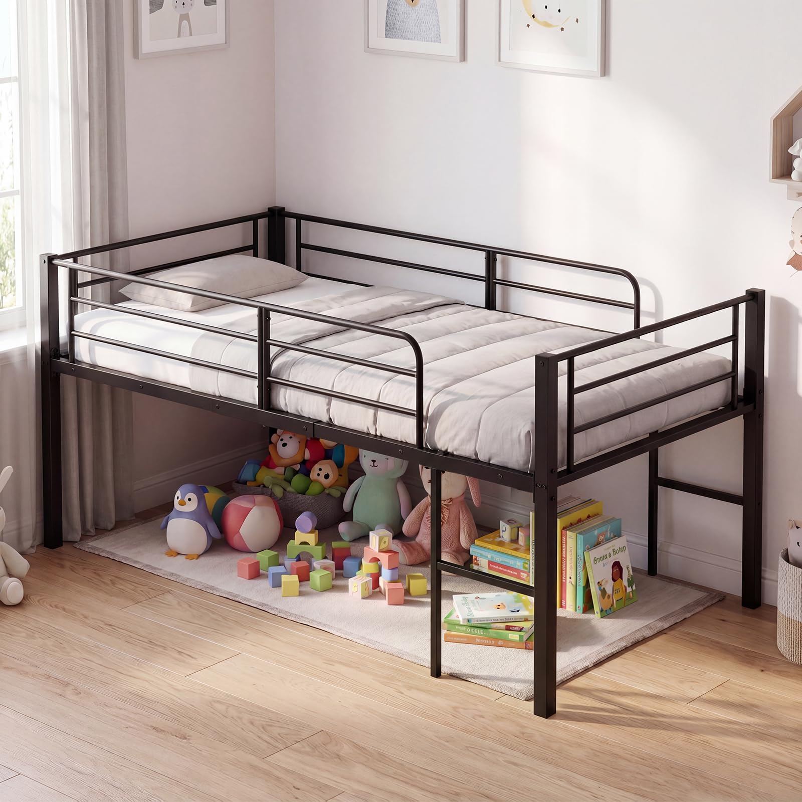 KOMFOTT Twin Size Low Loft Bed Heavy Duty Metal Bed Frame
