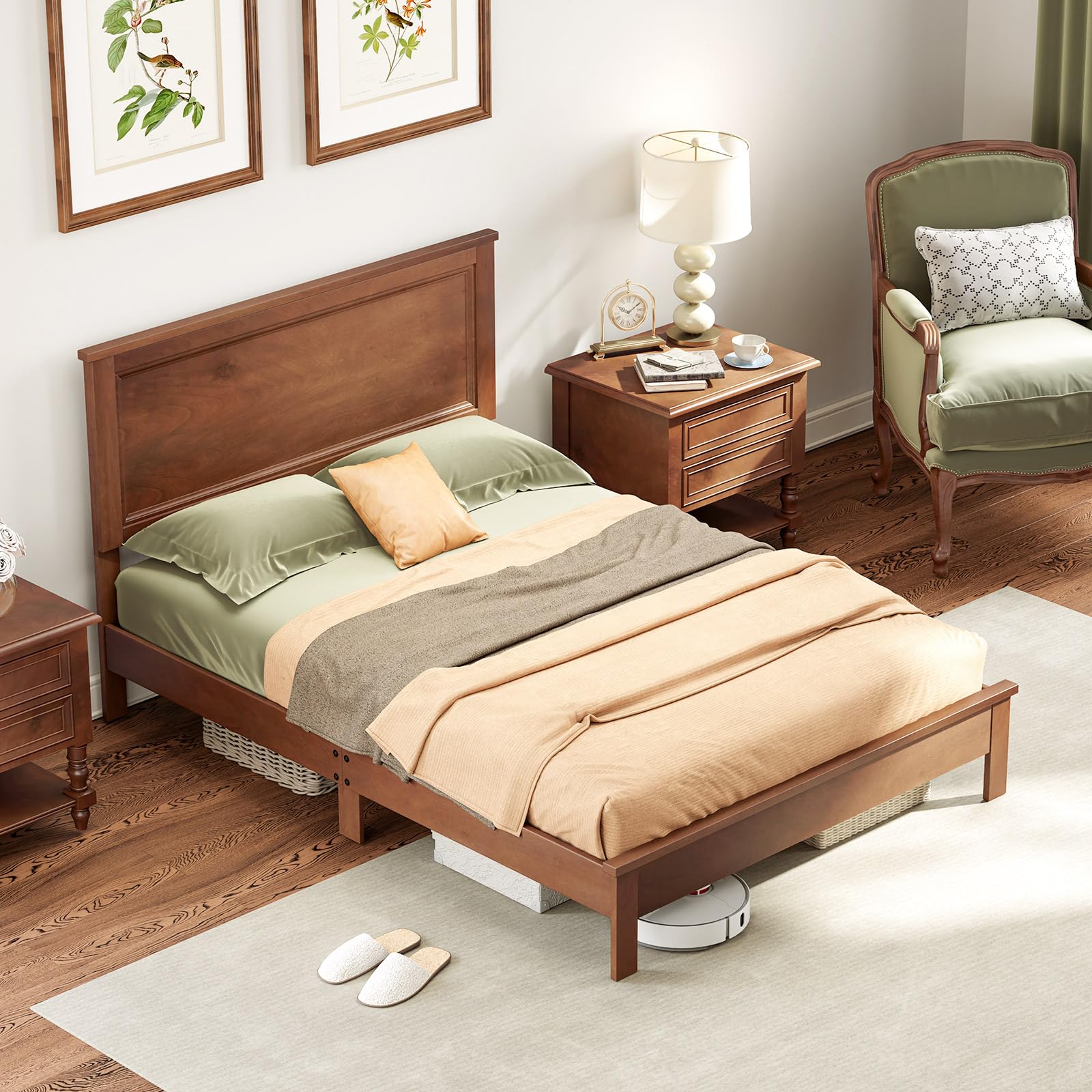 KOMFOTT Mid-Century Modern Platform Bed with Headboard, Solid Wood Legs