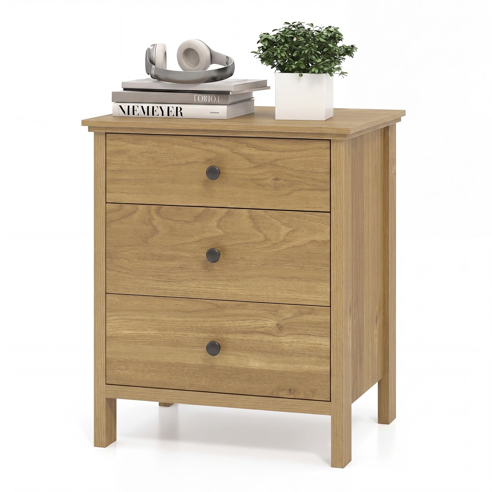 KOMFOTT 3 Drawers Nightstand Wooden Bedside Table with Ample Storage(1/2)