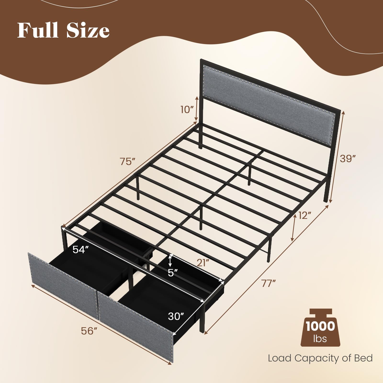 KOMFOTT  Twin/Full/Queen Metal Platform Bed Frame with Storage Drawer