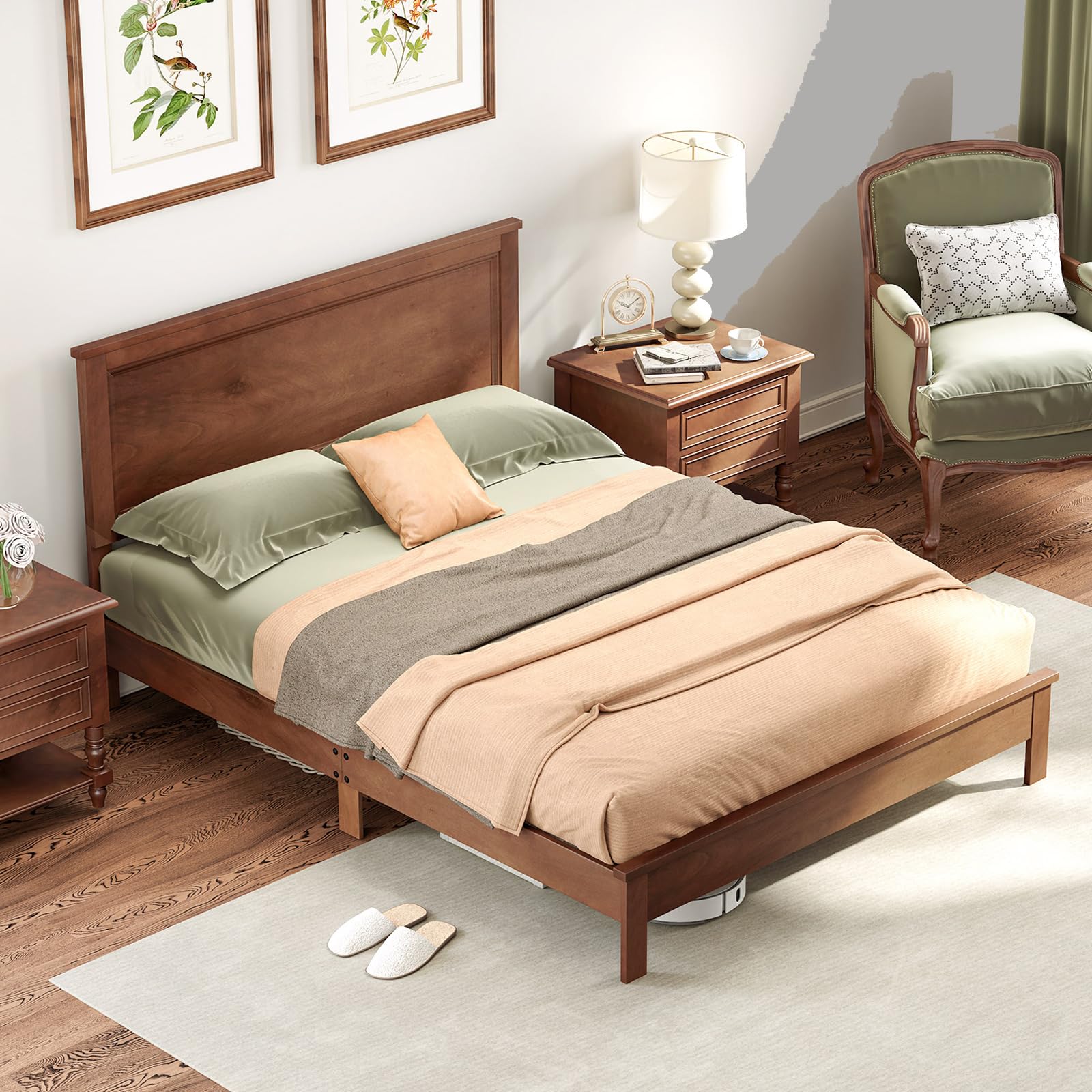 KOMFOTT Mid-Century Modern Platform Bed with Headboard, Solid Wood Legs