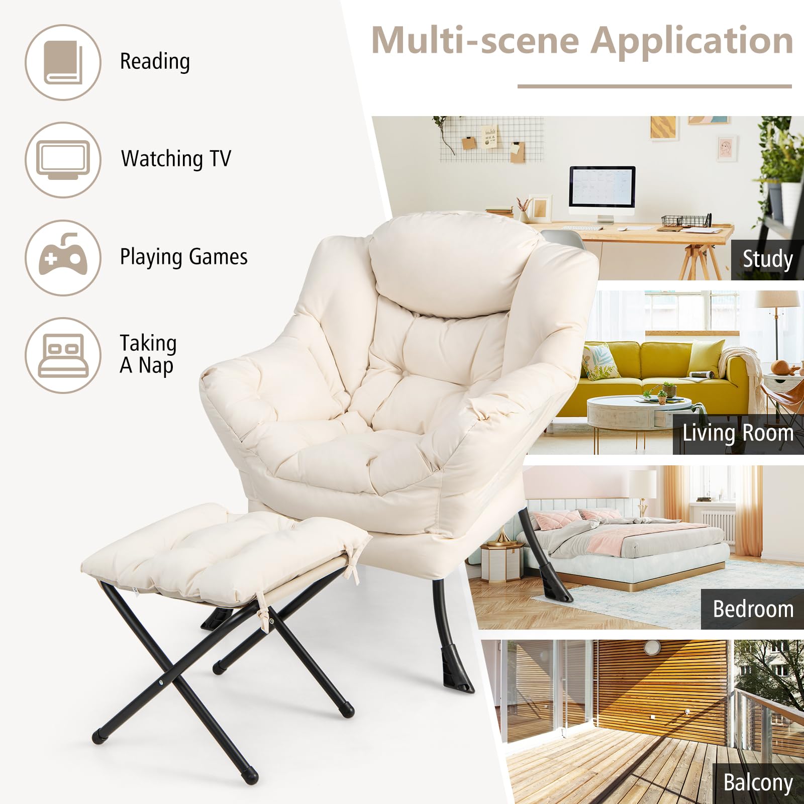 KOMFOTT Lazy Sofa Chair with Ottoman, Upholstered Leisure Lounge Armchair with Folding Footrest, Side Storage Pocket