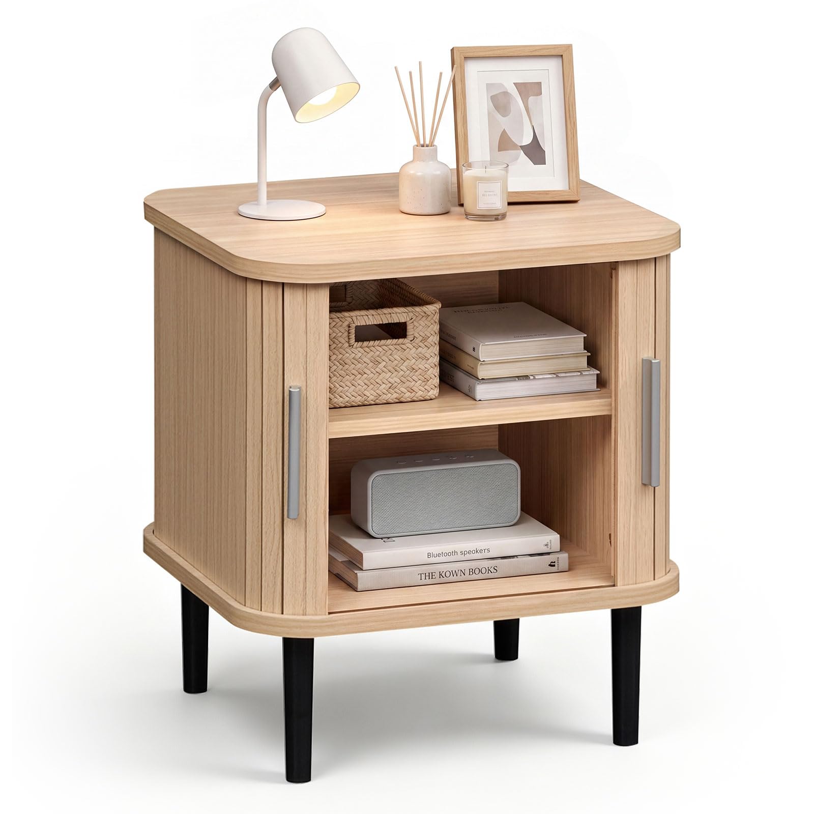 KOMFOTT Fluted Nightstand with Sliding Doors Wood Bedside Table(1/2)