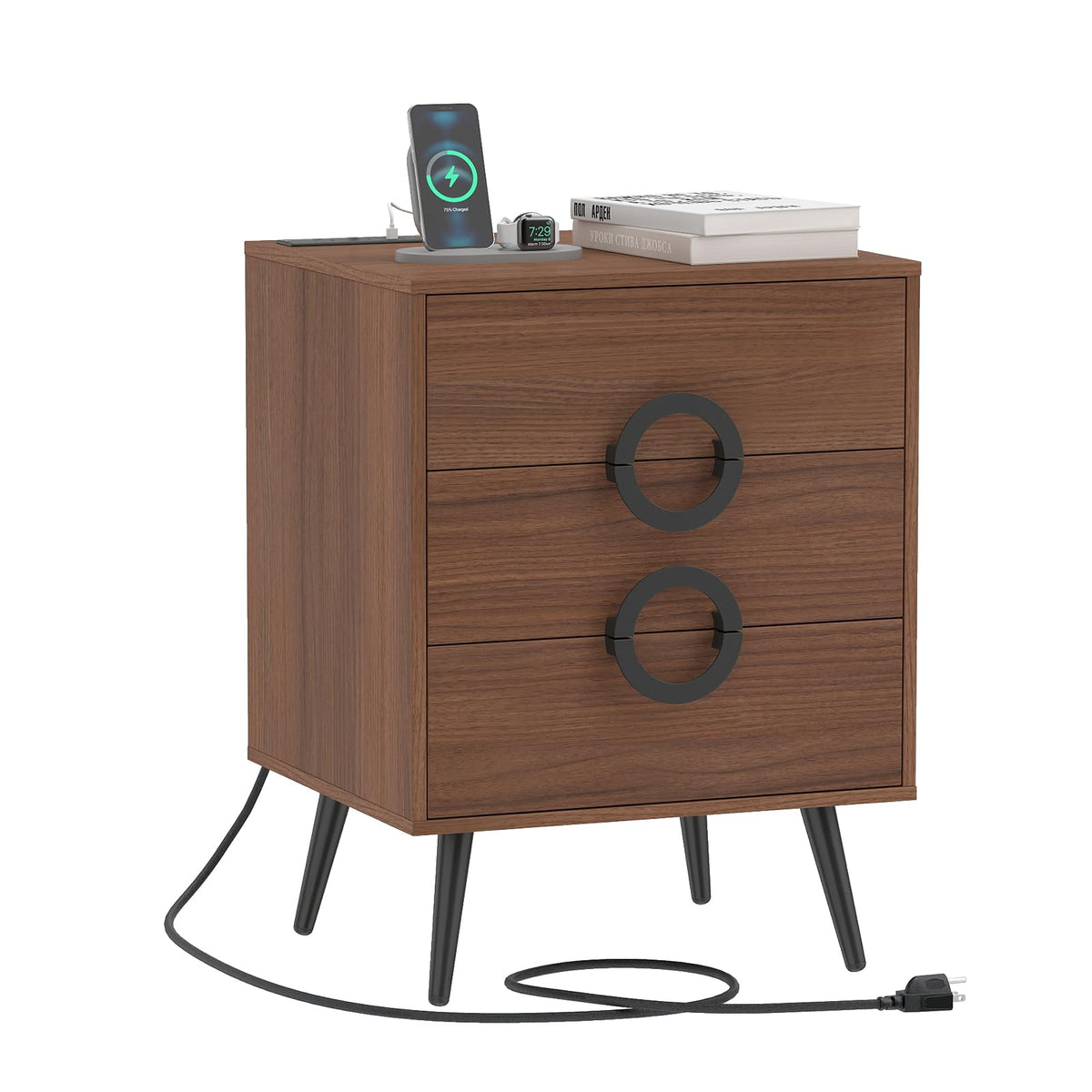KOMFOTT Nightstand with 3 Drawers Bedside Table w/ Charging Station(18" x 16" x 23.5")