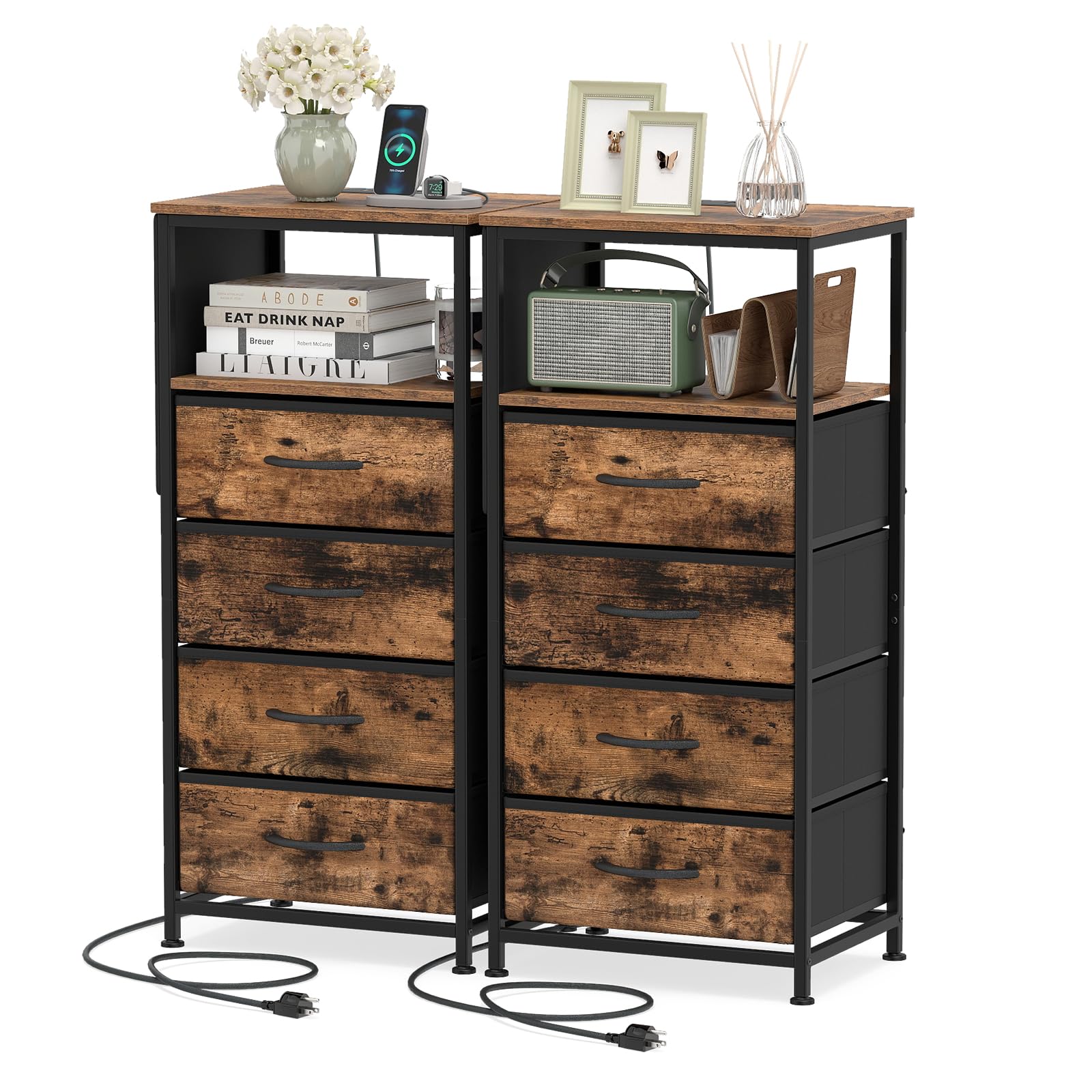 KOMFOTT 1/2 Nightstand with Integrated Charging Station 34" Tall Modern End Table(4 Drawers)