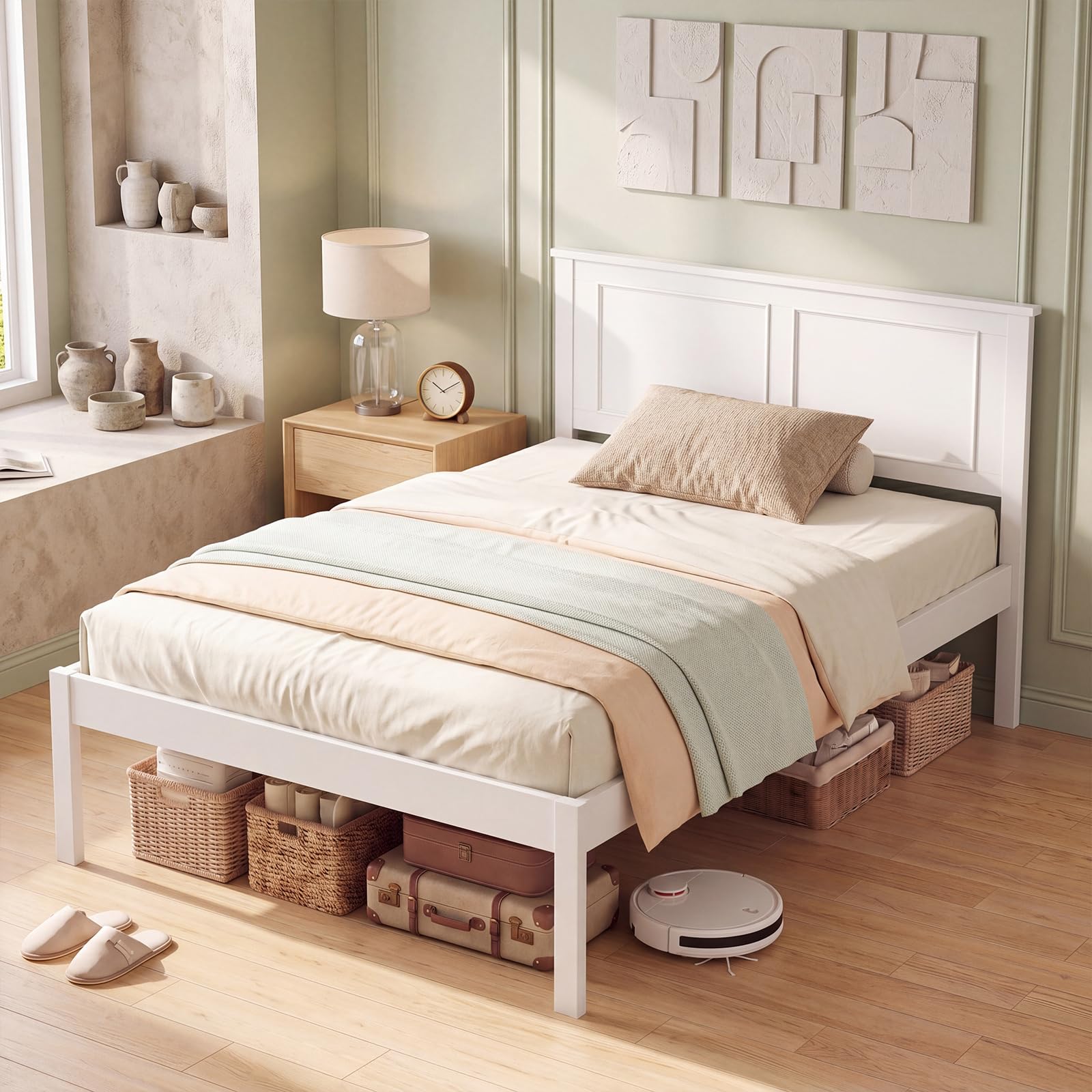 KOMFOTT Queen/Full/Twin Size Bed Frame Farmhouse Wooden Platform Bed