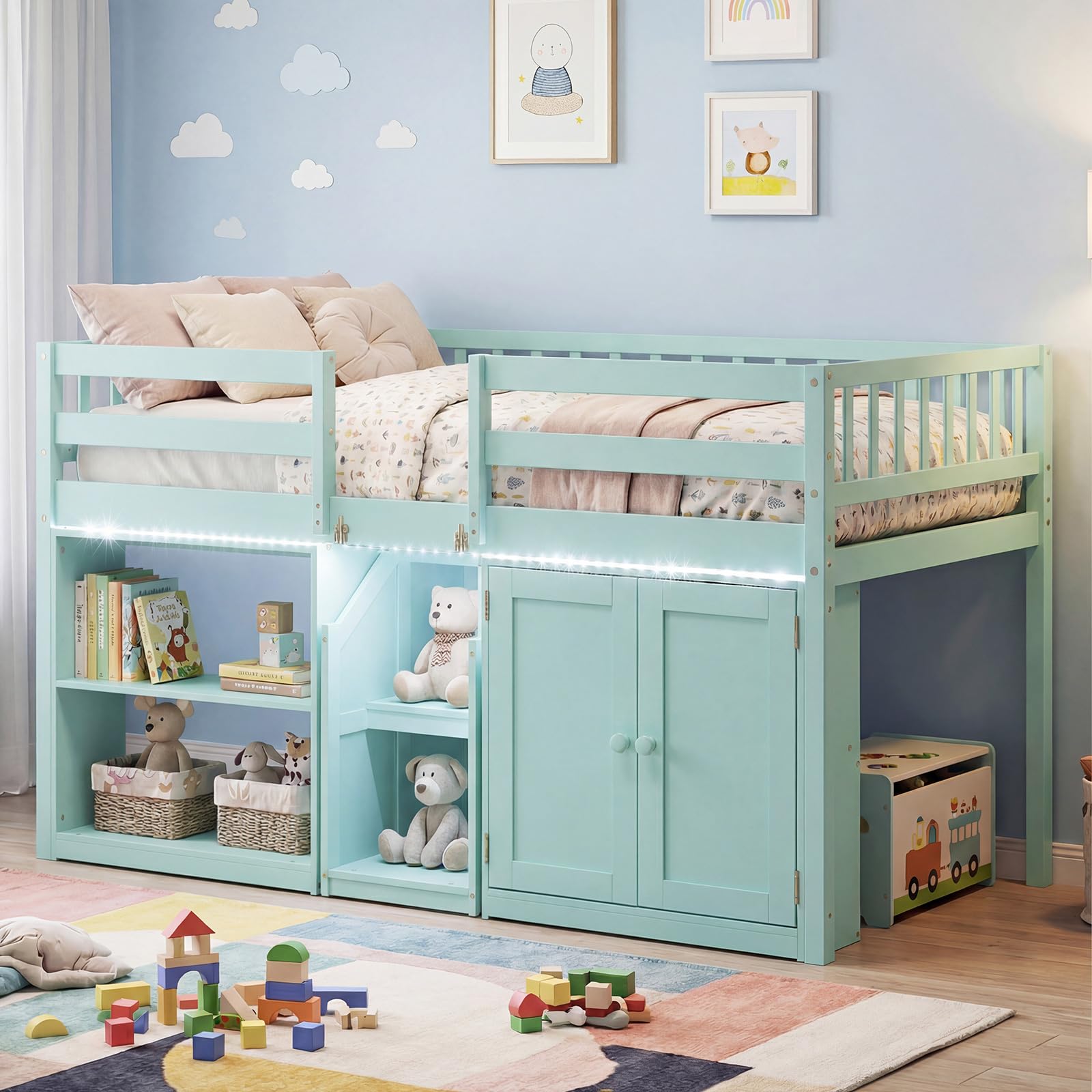 KOMFOTT Twin Size Low Loft Bed with LED Light Stairs & Guardrails