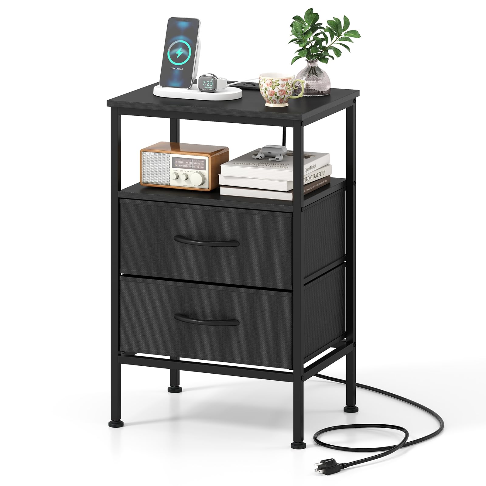 KOMFOTT 1/2 Nightstands with Charging Station 24.5" Modern Bedside Table(2 Drawers)