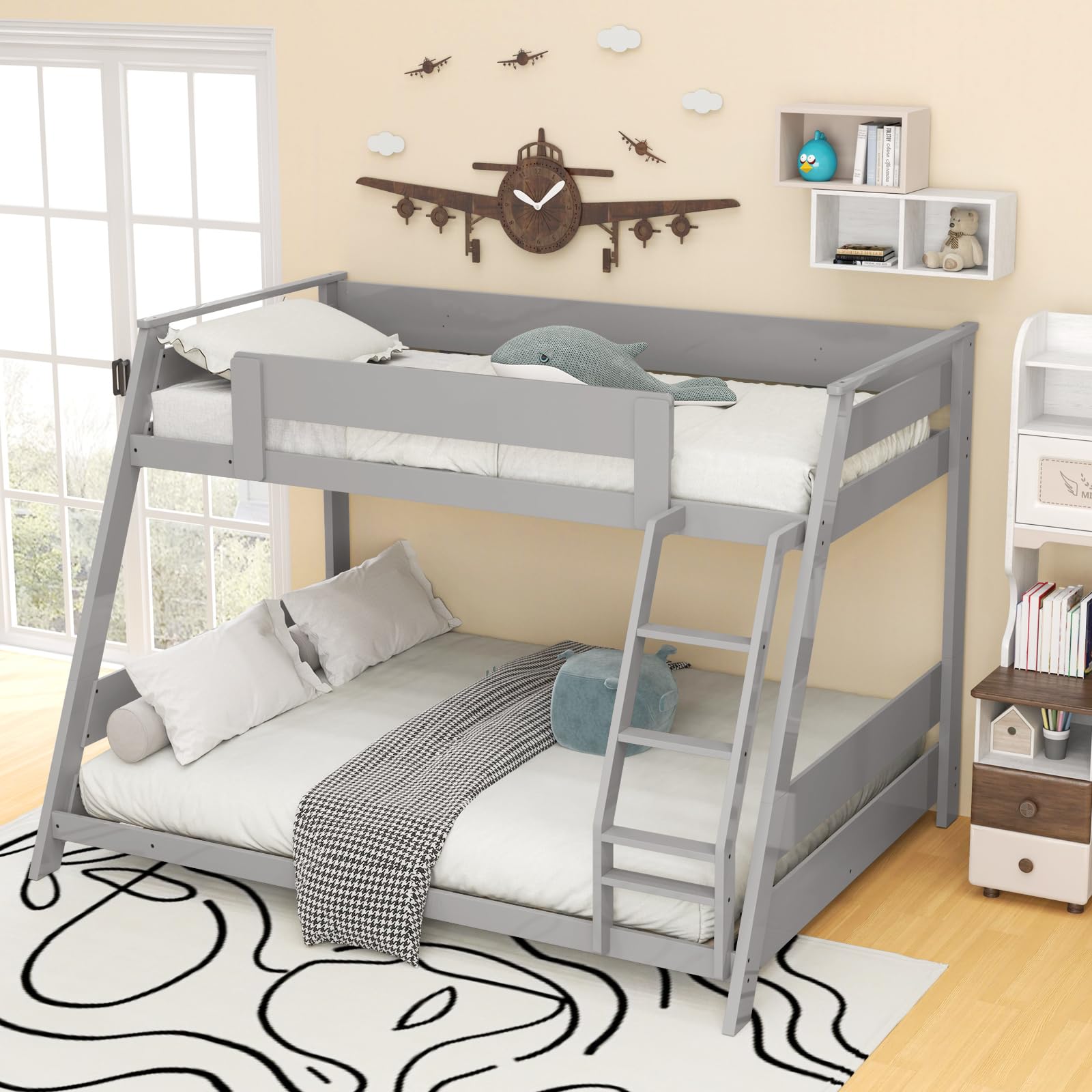 KOMFOTT Wood Twin Over Full Bunk Bed with Reversible Ladder