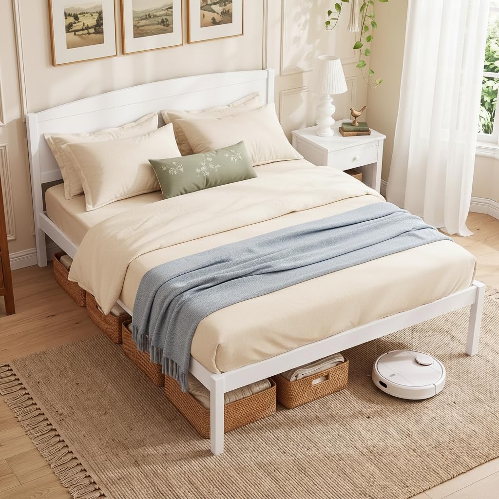 KOMFOTT Full/Twin/King/Queen Size Bed Frame Wooden Platform Bed with Curved Headboard