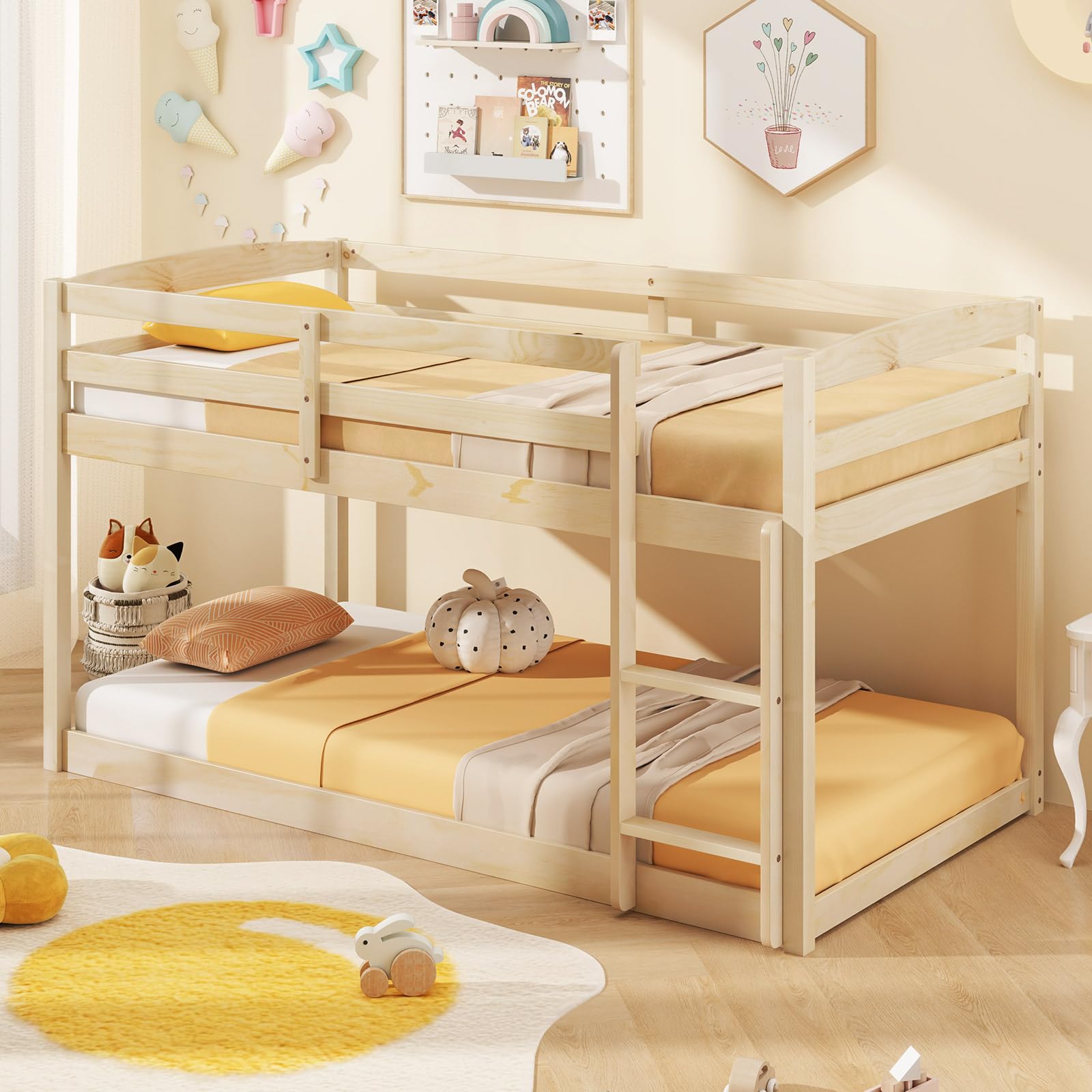 KOMFOTT Twin Over Twin Solid Wood  Low Bunk Bed with Built-in Ladder & Safety Guardrails