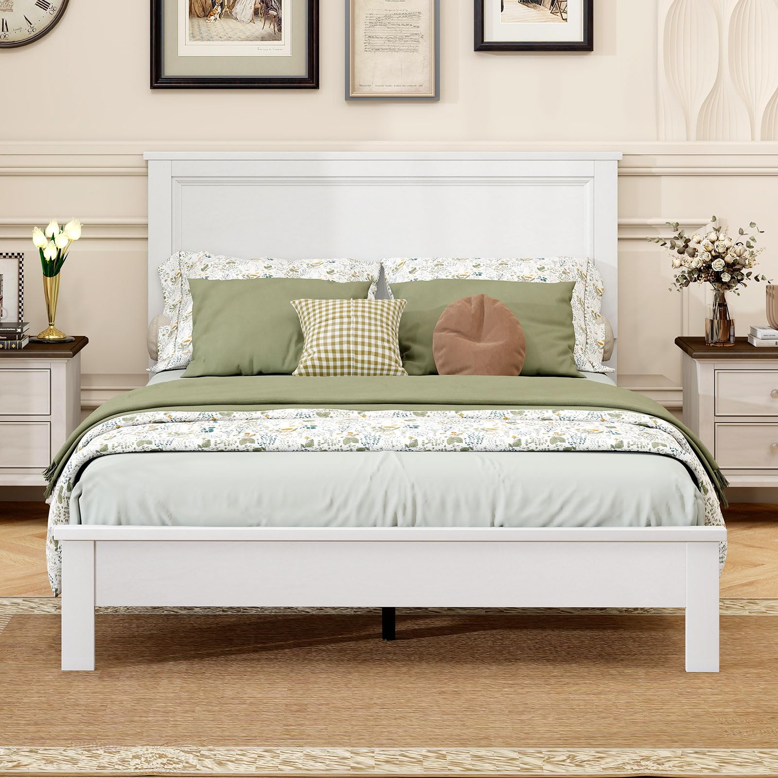 KOMFOTT Mid-Century Modern Platform Bed with Headboard, Solid Wood Legs