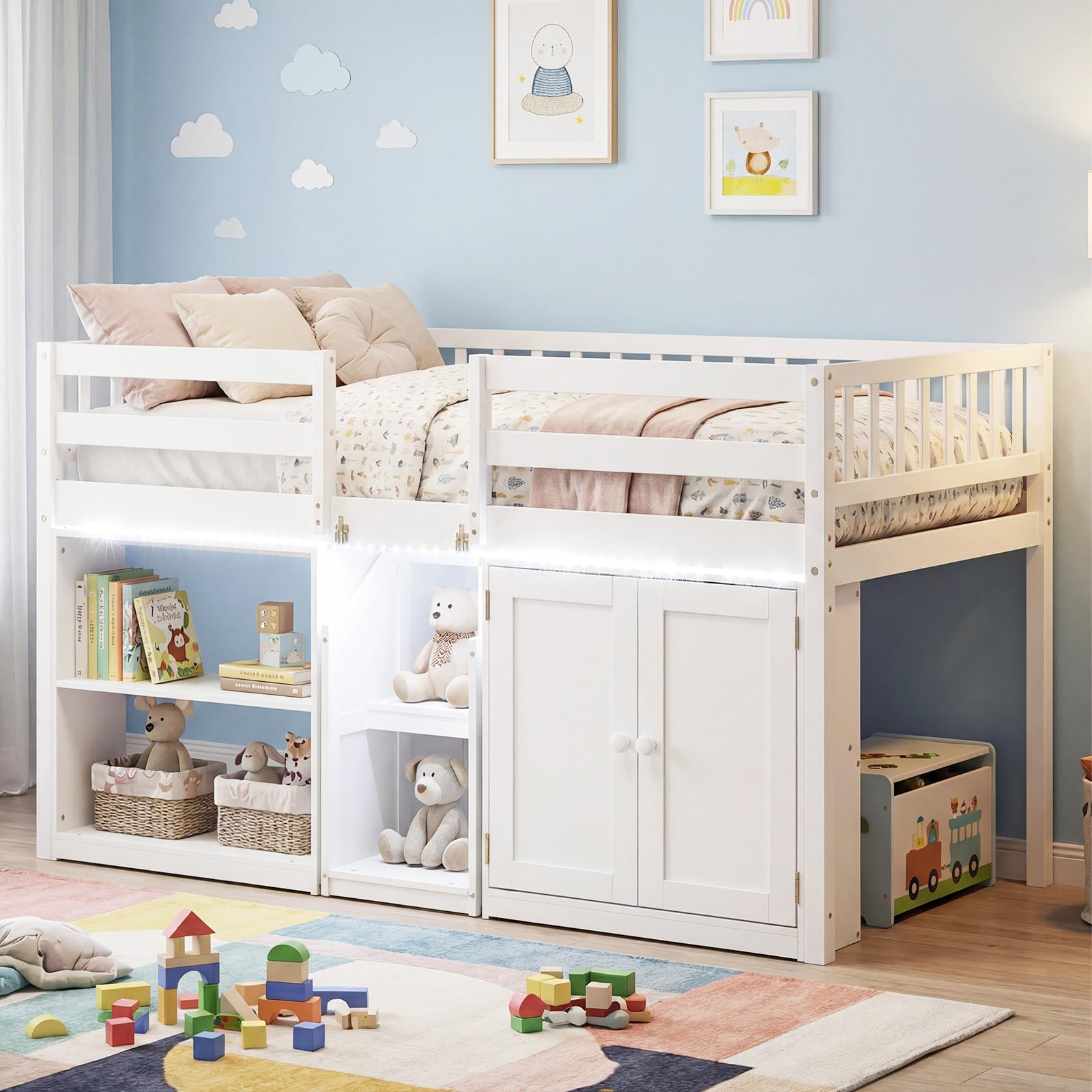 KOMFOTT Twin Size Low Loft Bed with LED Light Stairs & Guardrails