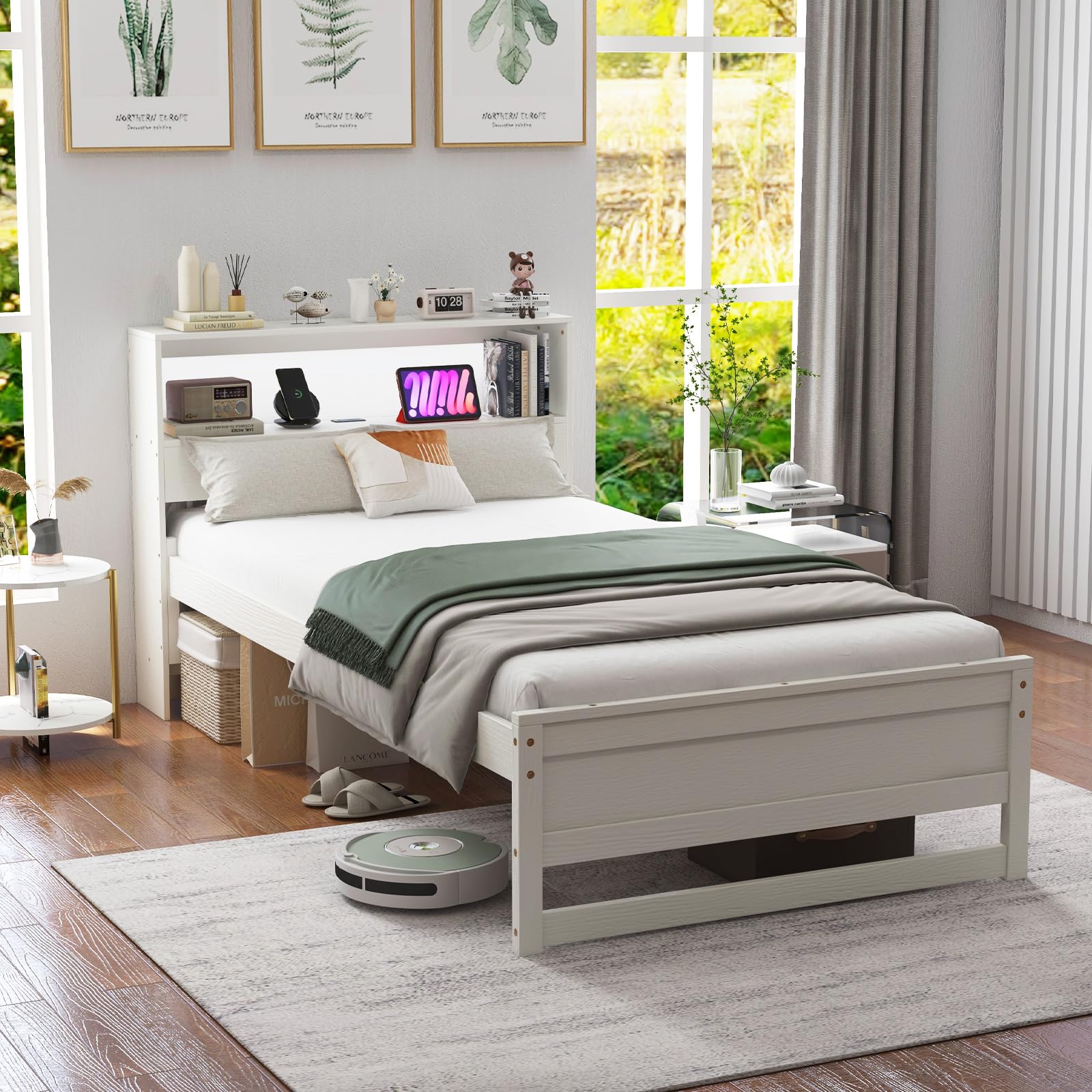 KOMFOTT Twin Size Wood Platform Bed Frame with Charging Station & LED Light