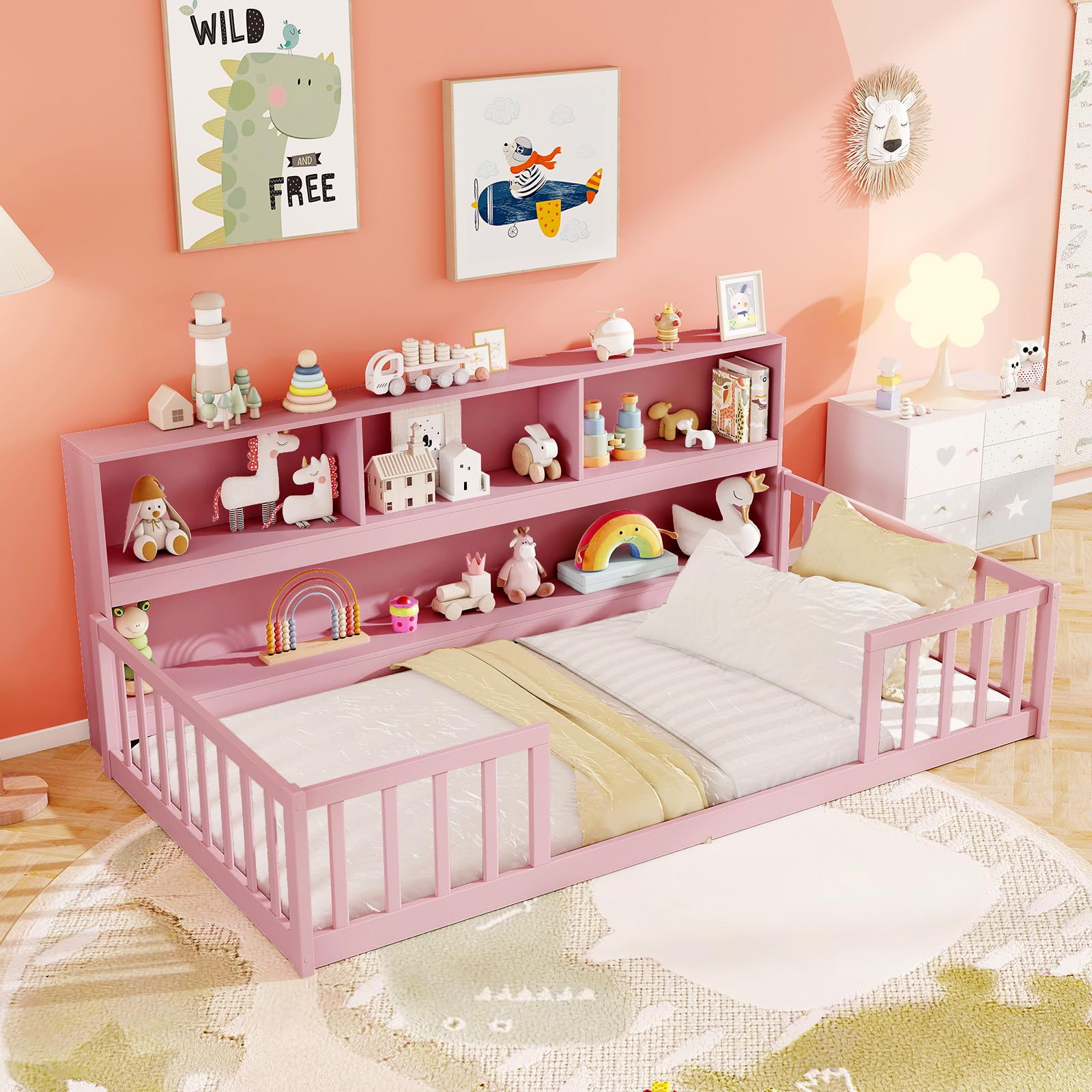 KOMFOTT Floor Bed with Bookcase & Shelves